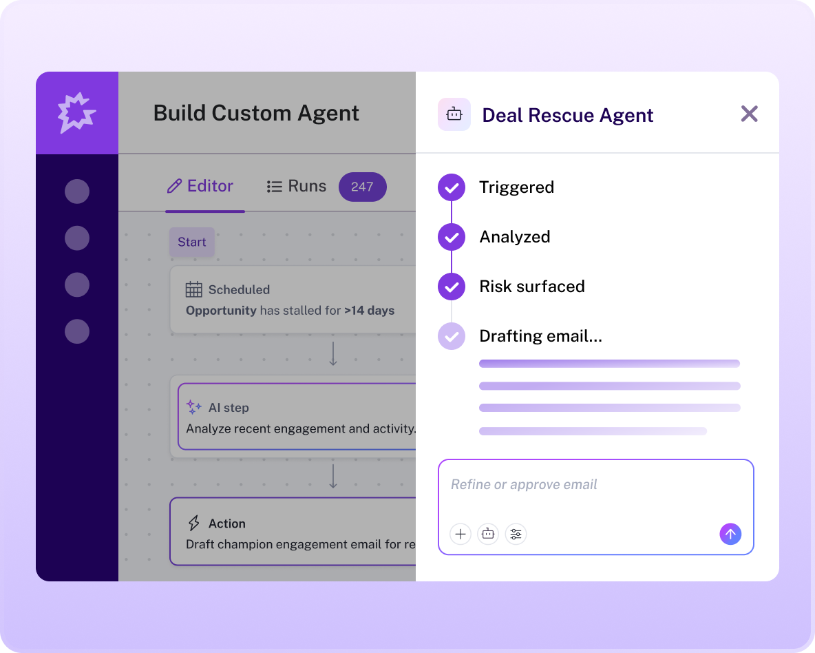 Gong's Agent Studio interface displaying a custom "Deal Rescue Agent" being built, with a workflow that triggers when an opportunity stalls and automatically analyzes engagement before drafting a re-engagement email.