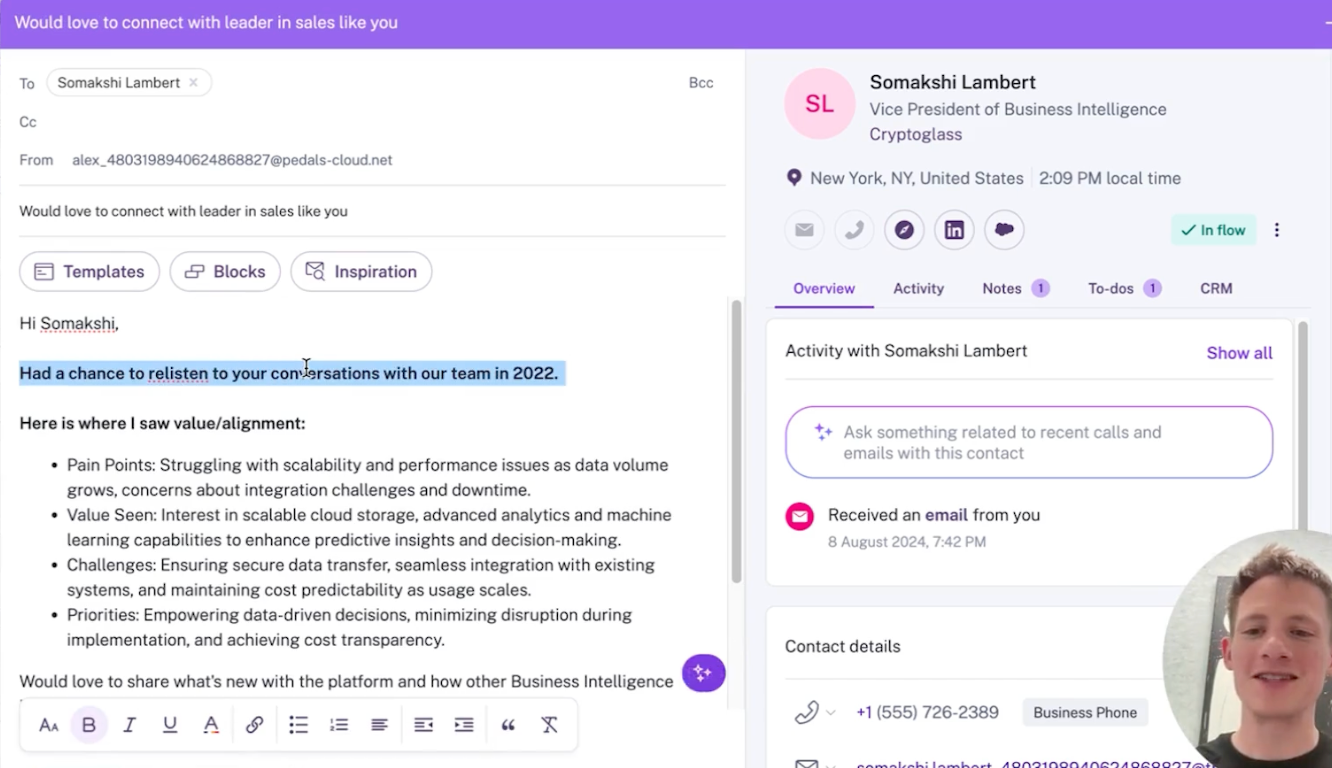 Gong outreach email to VP of Business Intelligence highlighting pain points, value alignment, and contact details with profile card.