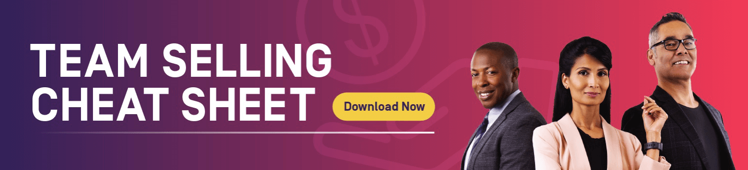 Team Selling Cheat Sheet promotional banner with three sales professionals