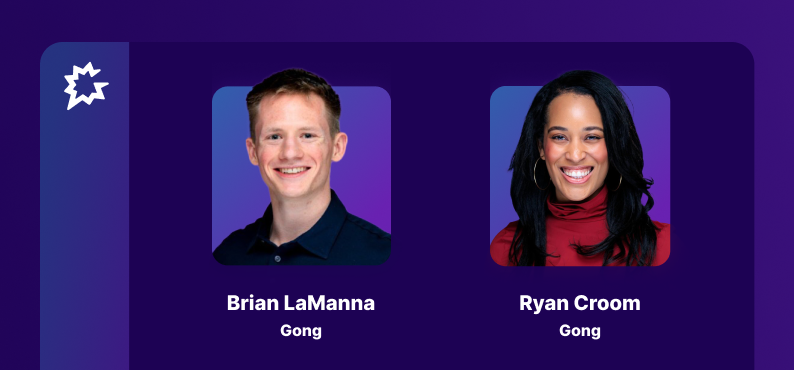 Headshots of a man and a woman in squares against a purple background