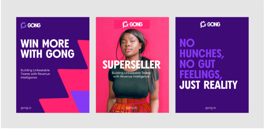 Three Gong brand posters featuring new purple and pink visual identity with taglines about revenue intelligence and sales performance.
