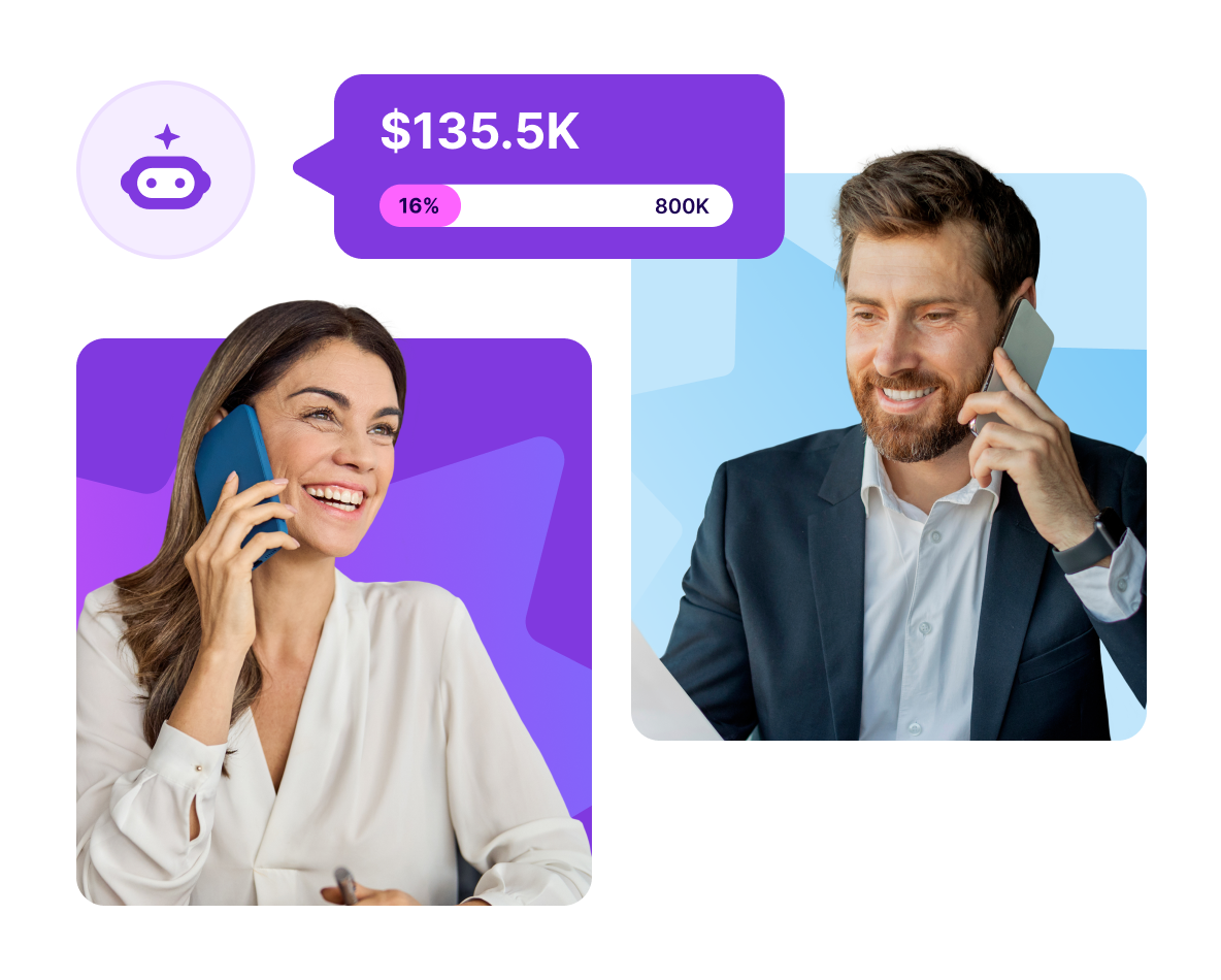 Woman on the phone and man on the phone with a AI agent pop up above them