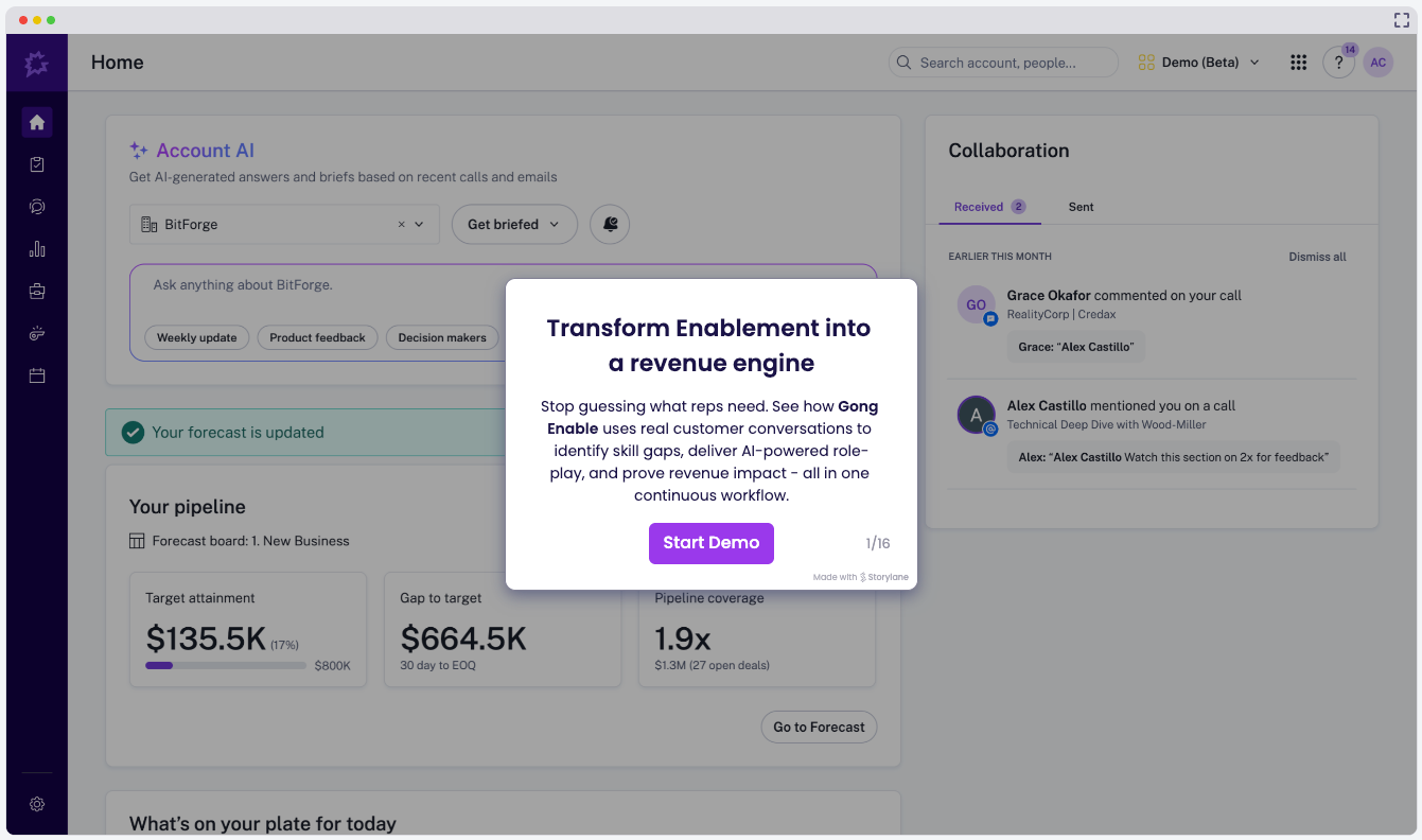 Screen showing the product tour for Gong Enable