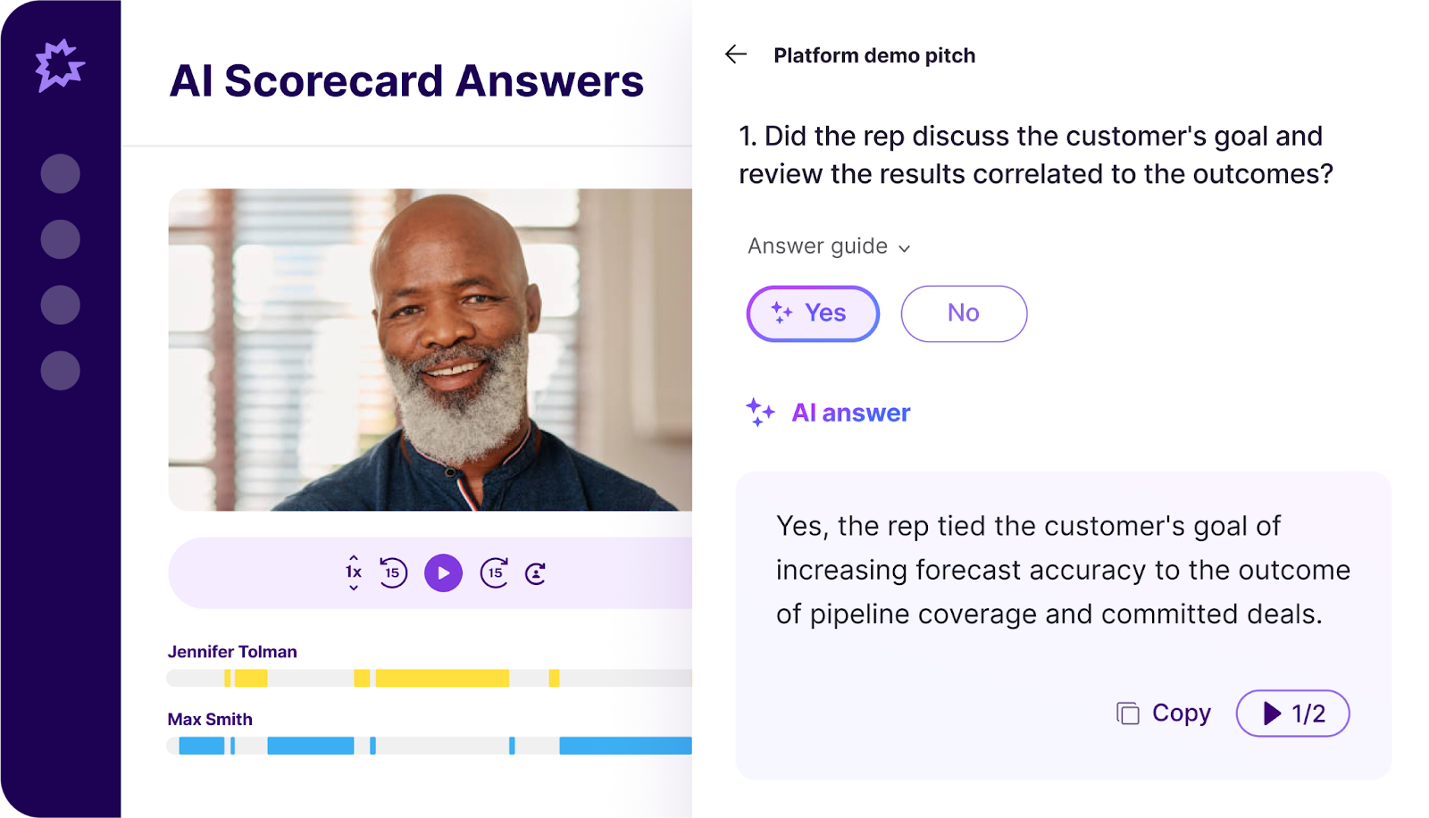 AI Scorecard showing rep performance metrics and goal-to-outcome correlation analysis