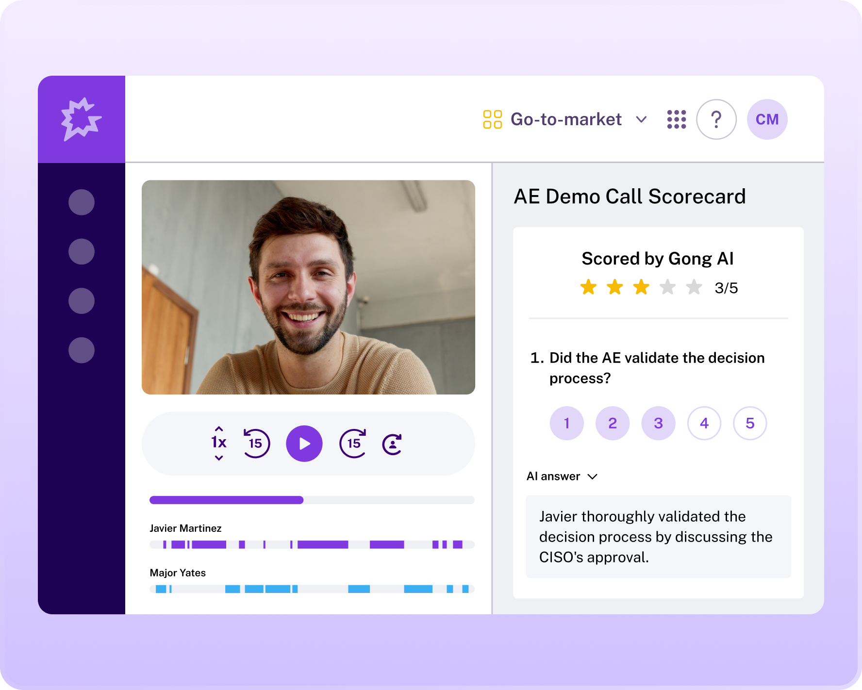 Gong Revenue AI Platform dashboard displaying pipeline analytics with charts, deal stages, and team performance metrics for real-time revenue insights.