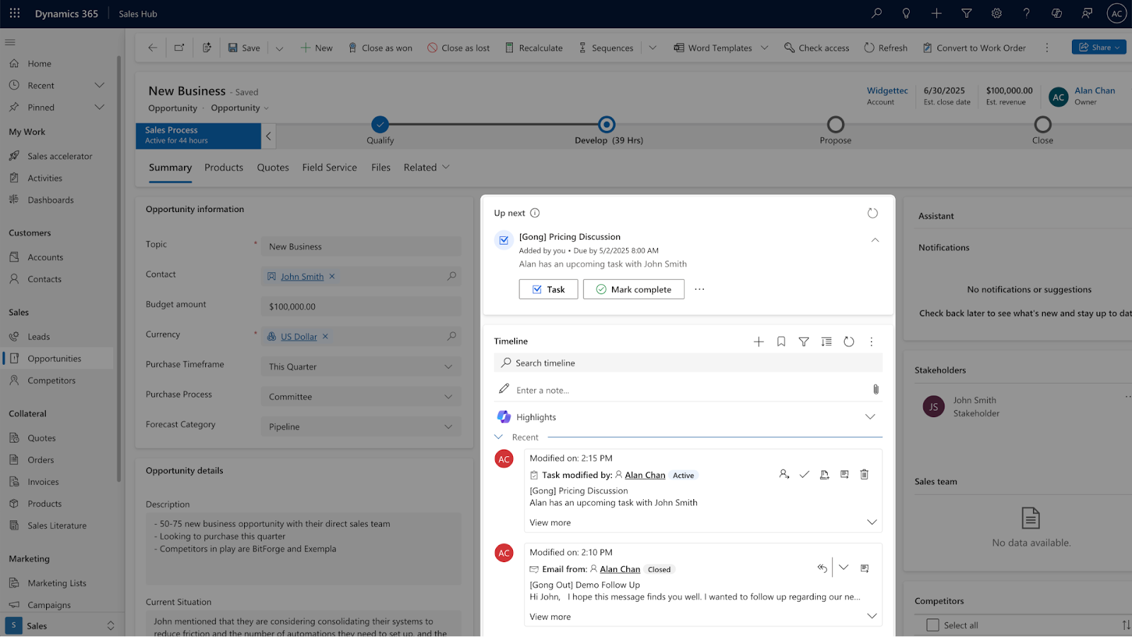 Dynamics 365 Sales Hub showing a new business opportunity with task details and timeline in a modal dialog.