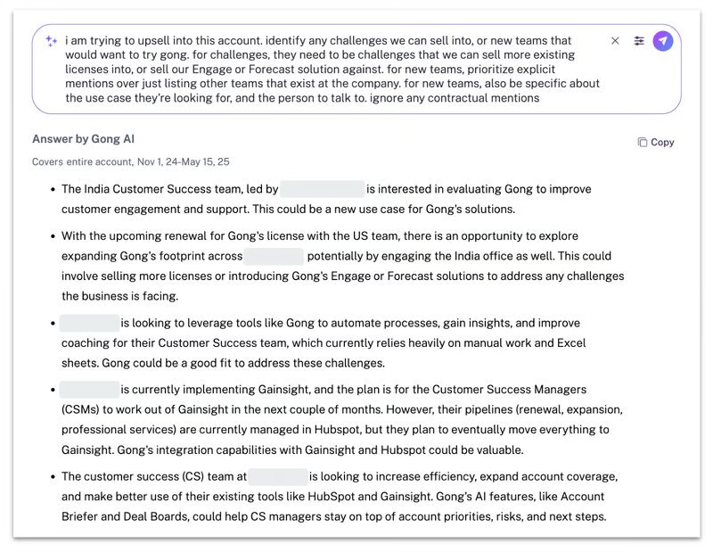 A screenshot of a text input box with a prompt about upselling challenges and a generated AI response