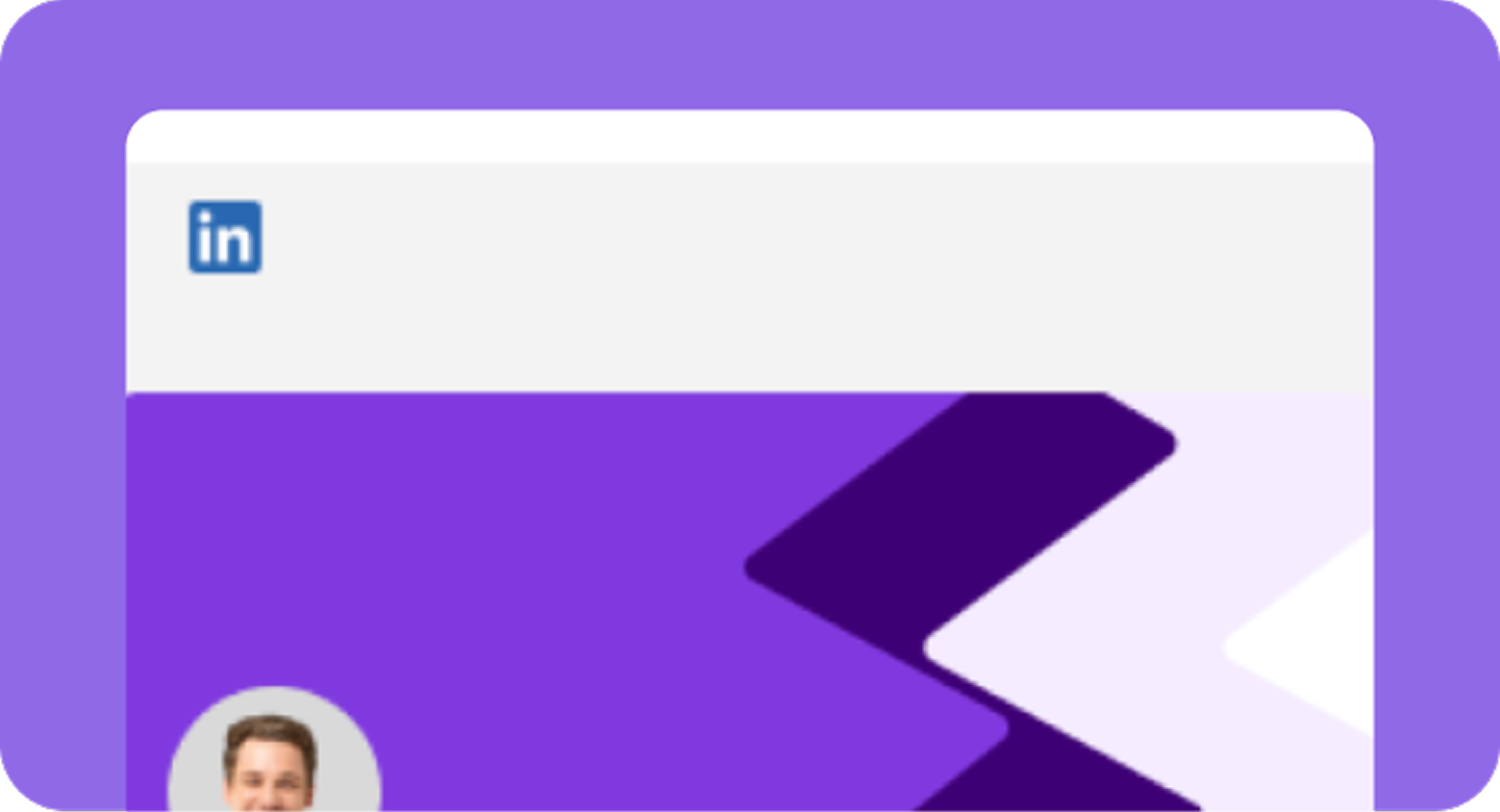 A partial screenshot of a LinkedIn post or profile featuring a headshot and purple graphic background.