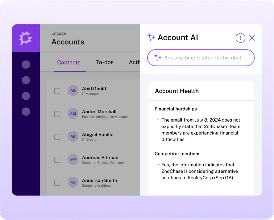 Account AI interface showing contacts list with account health analysis including financial hardships and competitor mentions