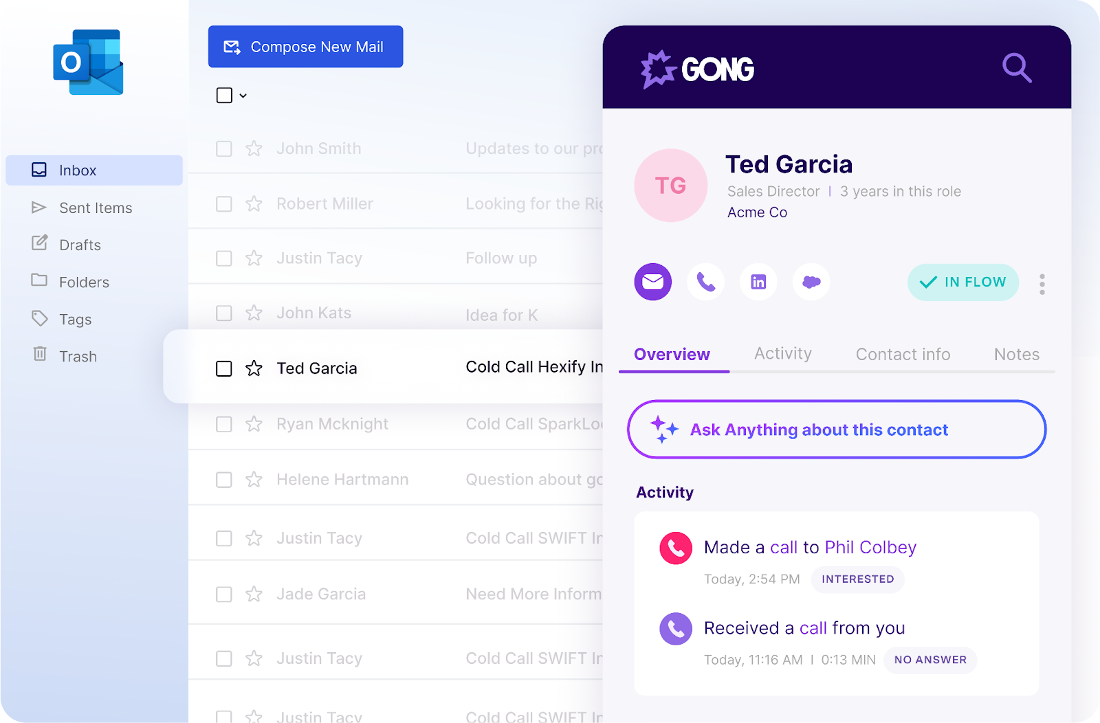 Gong contact profile for Ted Garcia, Sales Director at Acme Co, showing call activity and communication options.