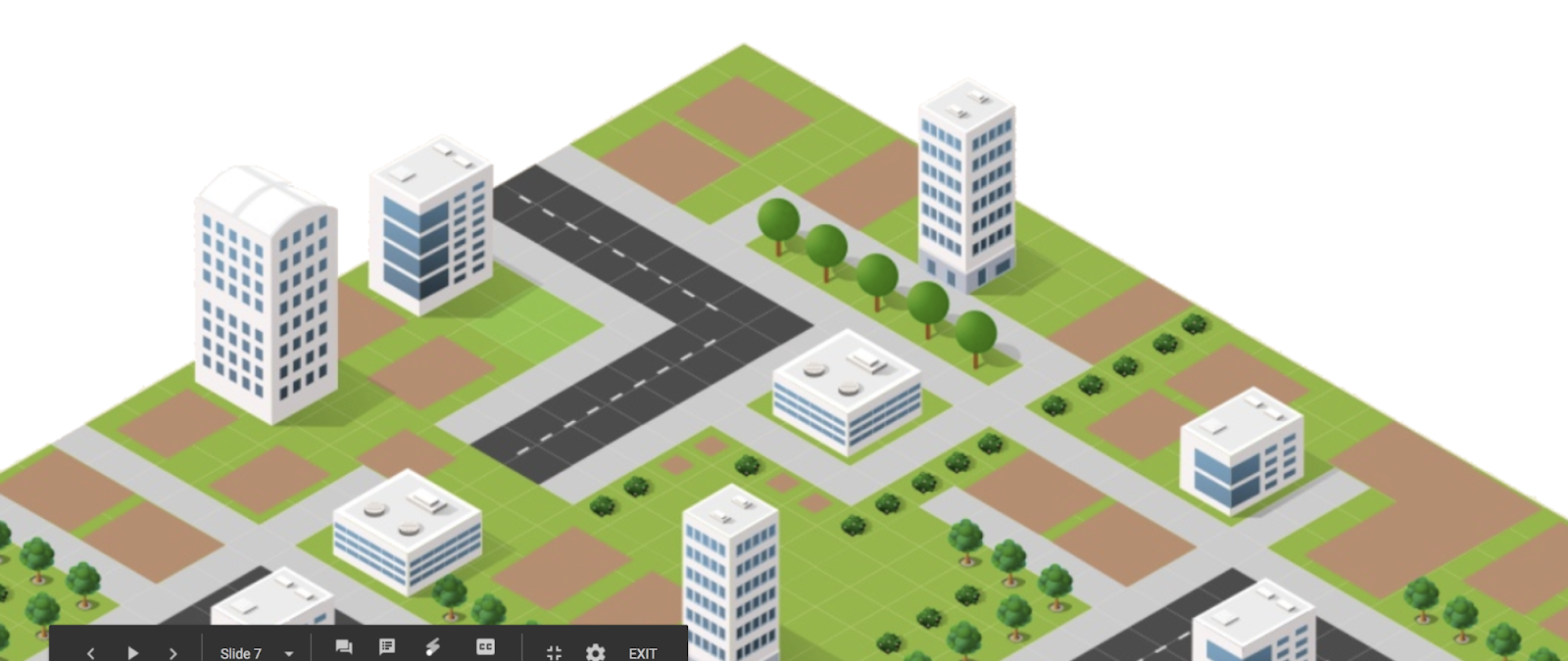 Isometric illustration of an urban city district with buildings, roads, and green spaces