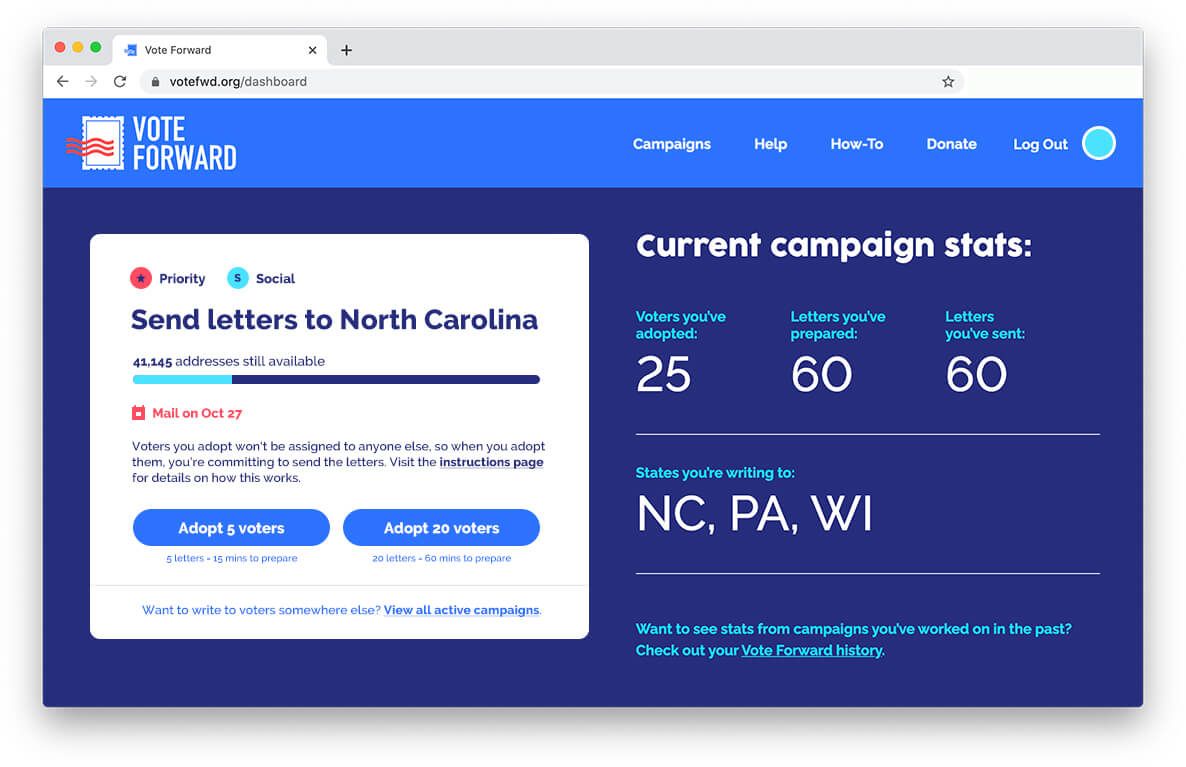 A sample user's dashboard, with 25 adopted voters for a sample campaign