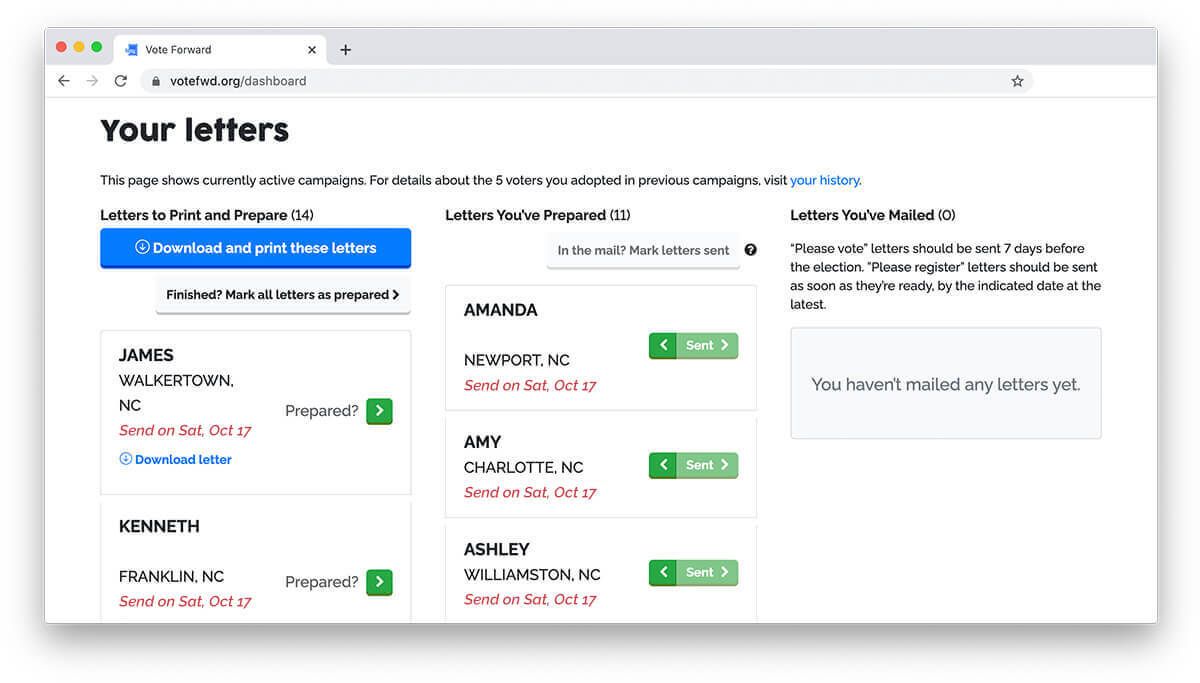 A sample user's dashboard showing multiple letters marked as not-prepared, and several letters marked as prepared