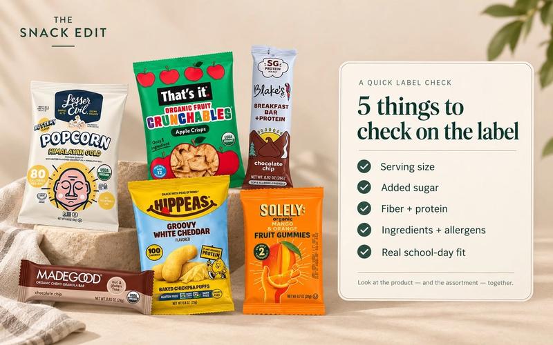 Packaged school snacks with a five-point label check for serving size, added sugar, fiber and protein, ingredients and allergens, and school-day fit.