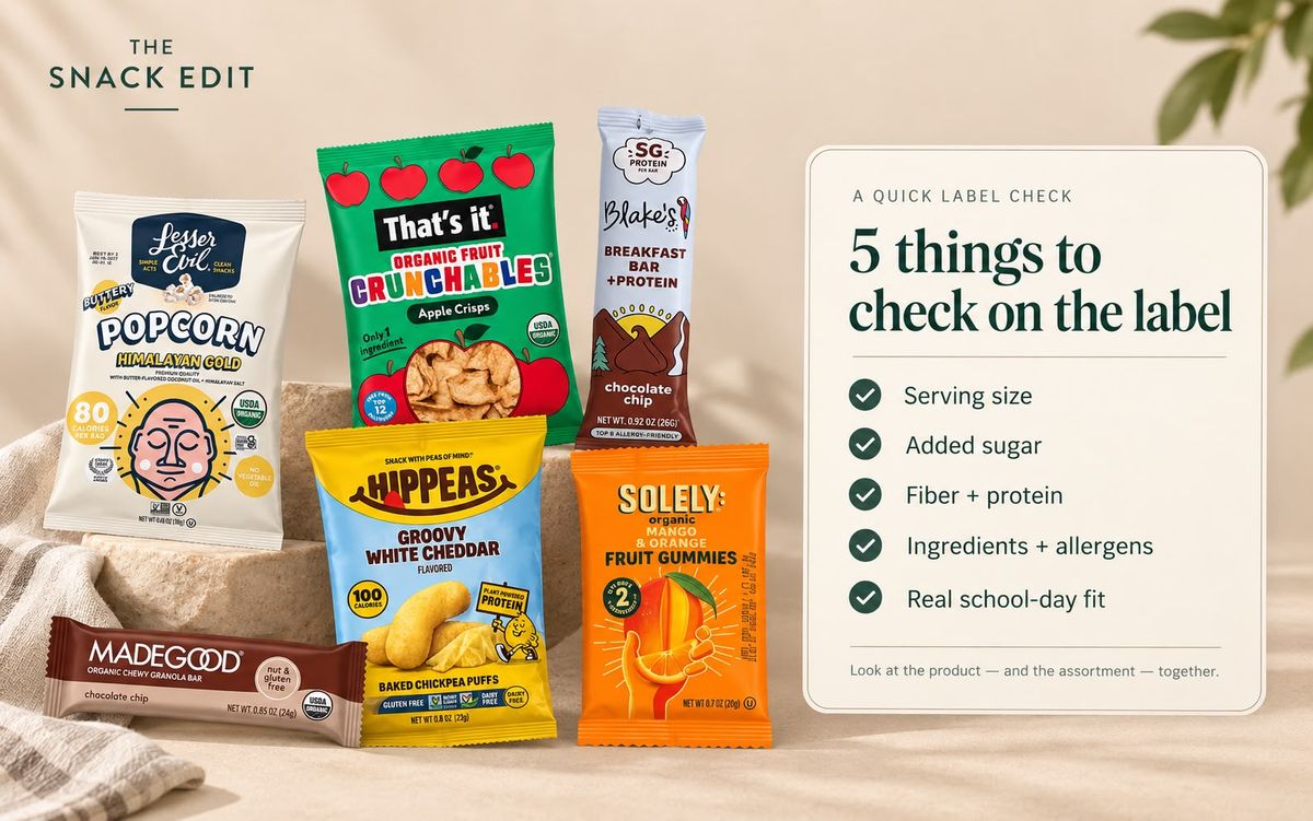 Packaged school snacks with a five-point label check for serving size, added sugar, fiber and protein, ingredients and allergens, and school-day fit.