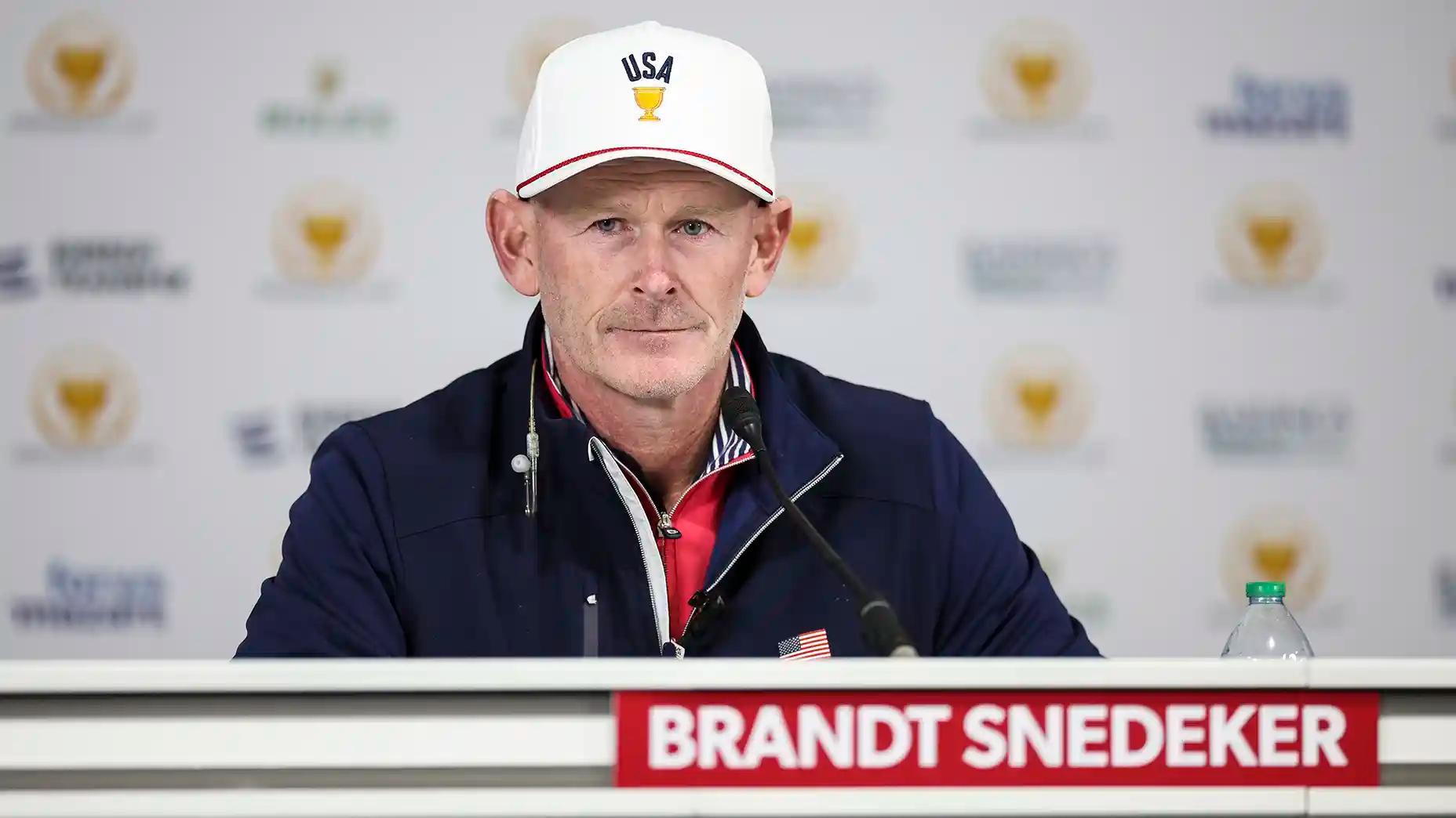 Brandt Snedeker spreekt de pers toe voor de Presidents Cup 2026 op Medinah Country Club