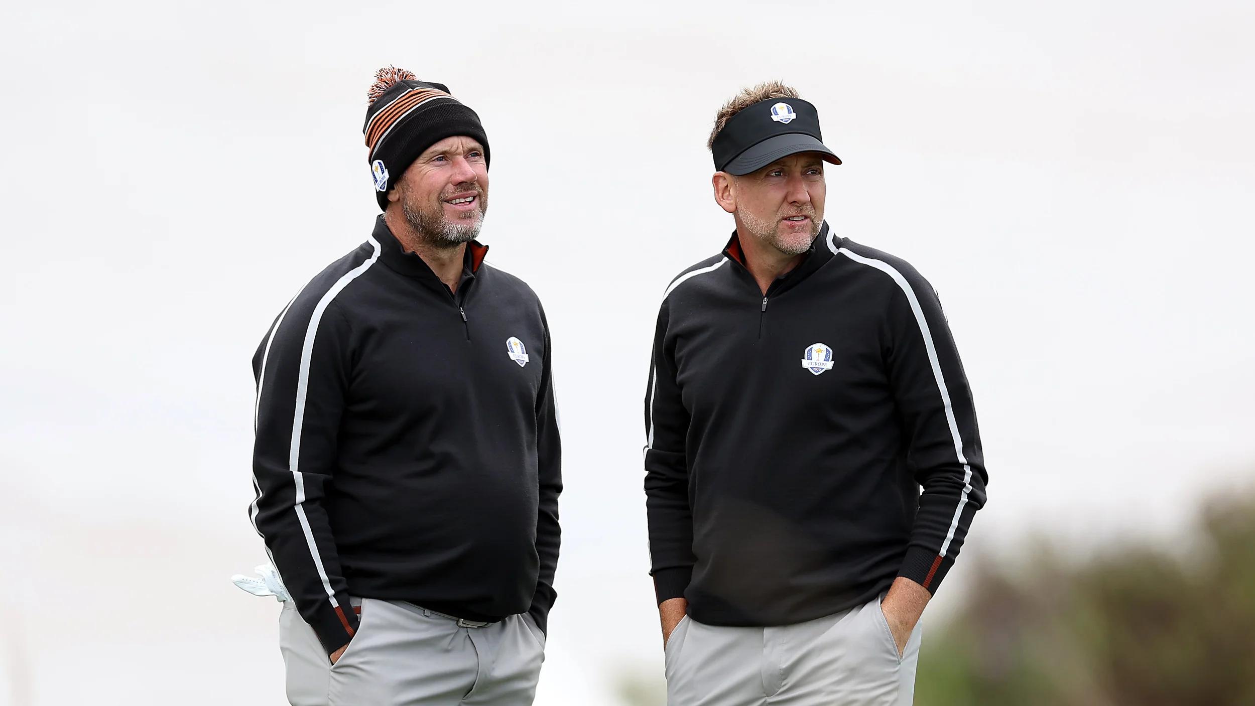 Lee Westwood en Ian Poulter samen op de golfbaan tijdens de Ryder Cup