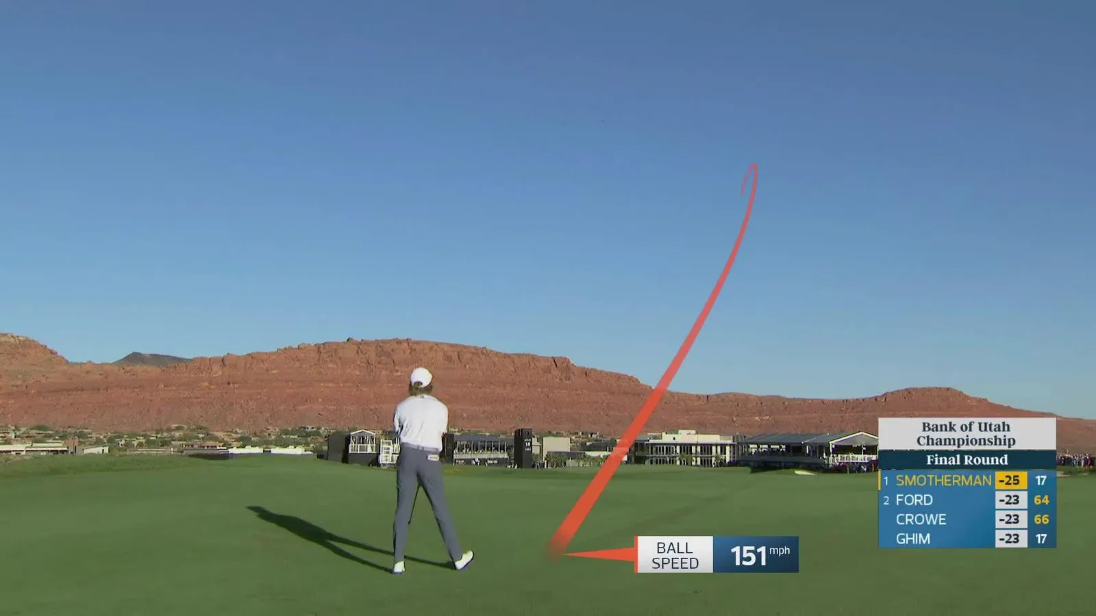 Austin Smotherman slaat zijn tweede slag op de achttiende hole tijdens de slotronde van de Bank of Utah Championship 2026