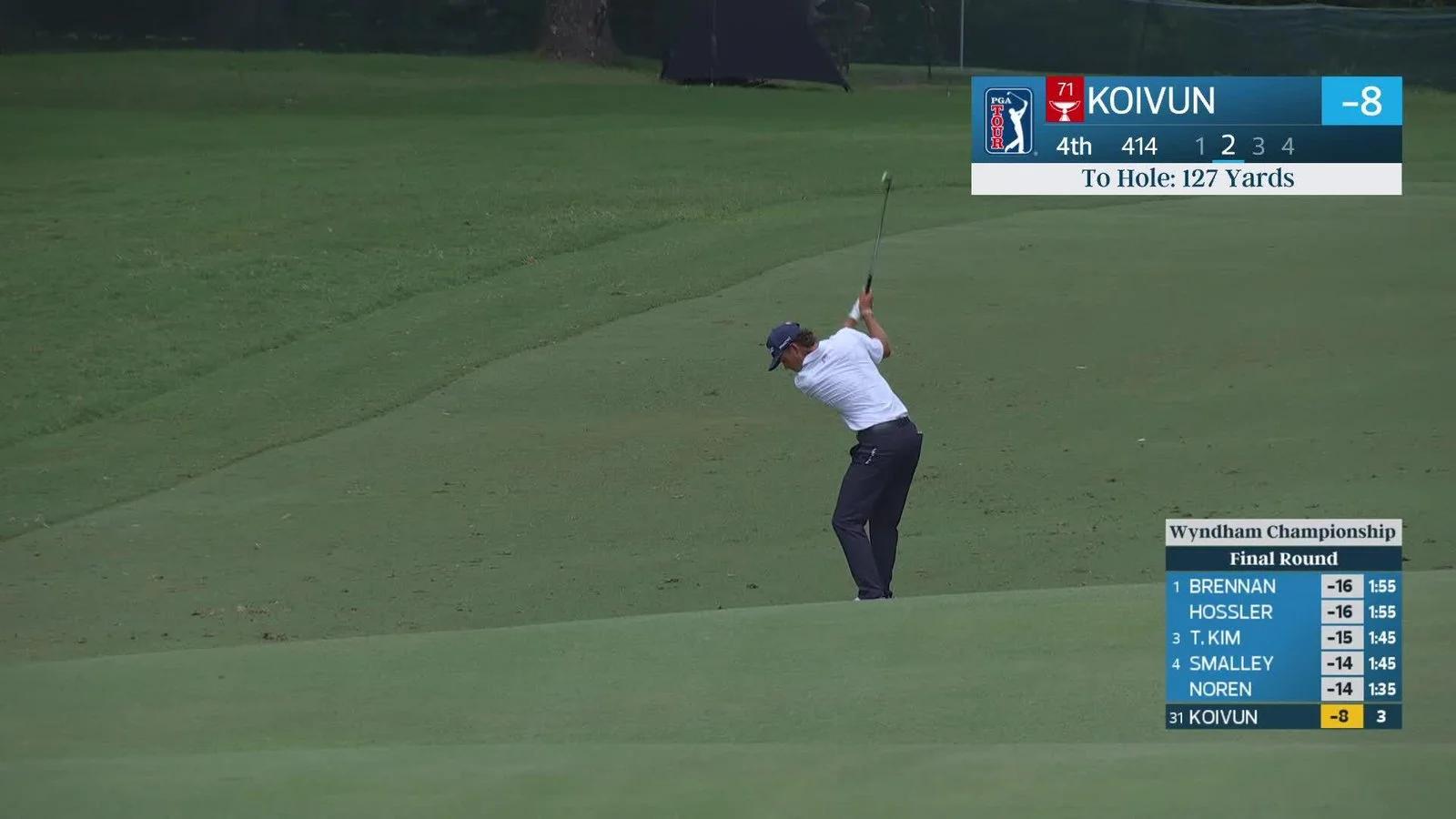 Jackson Koivun speelt een slag tijdens het Wyndham Championship 2026