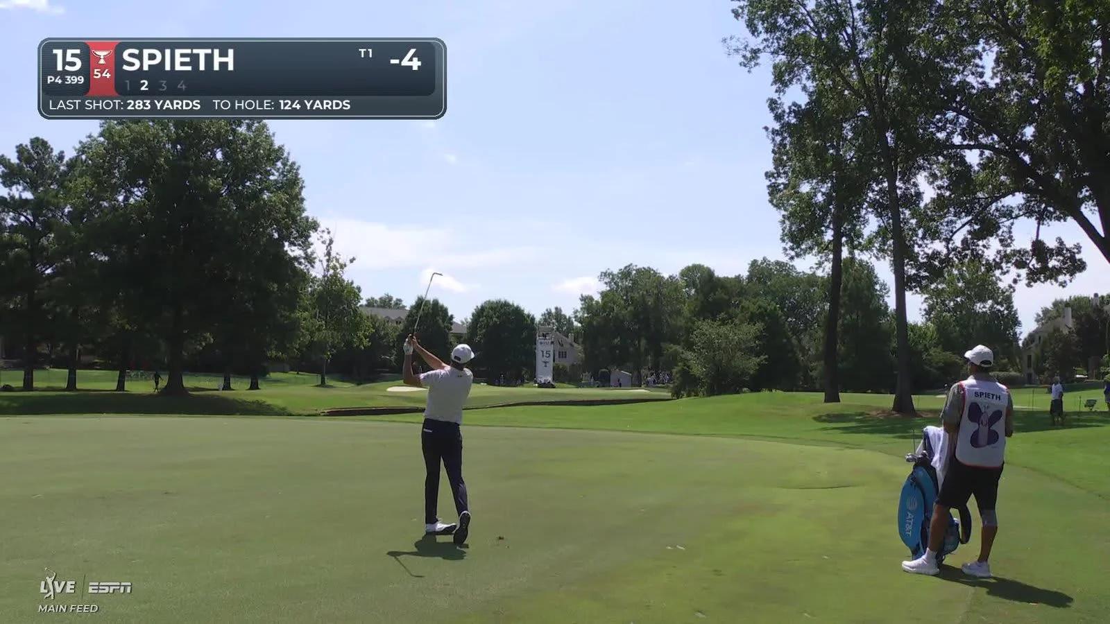 Jordan Spieth speelt een slag tijdens het FedEx St. Jude Championship 2026