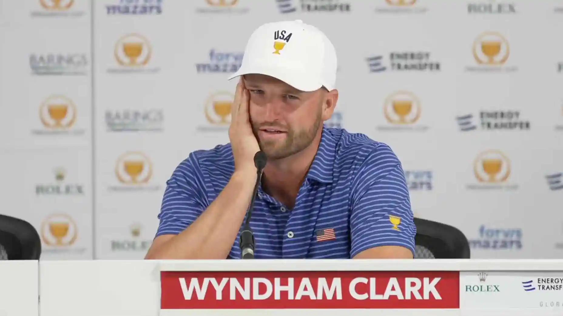 Wyndham Clark tijdens zijn persconferentie bij de Presidents Cup 2026 op Medinah