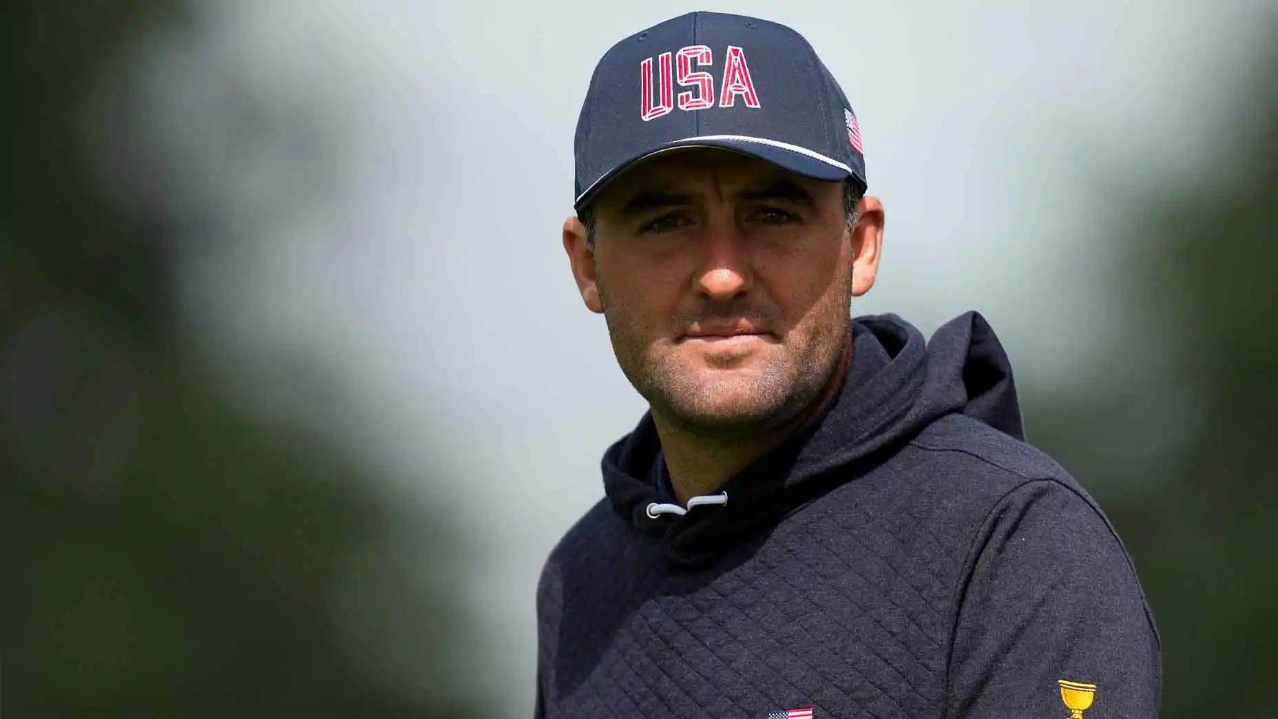Scottie Scheffler tijdens de voorbereiding op de Presidents Cup 2026 op Medinah Country Club