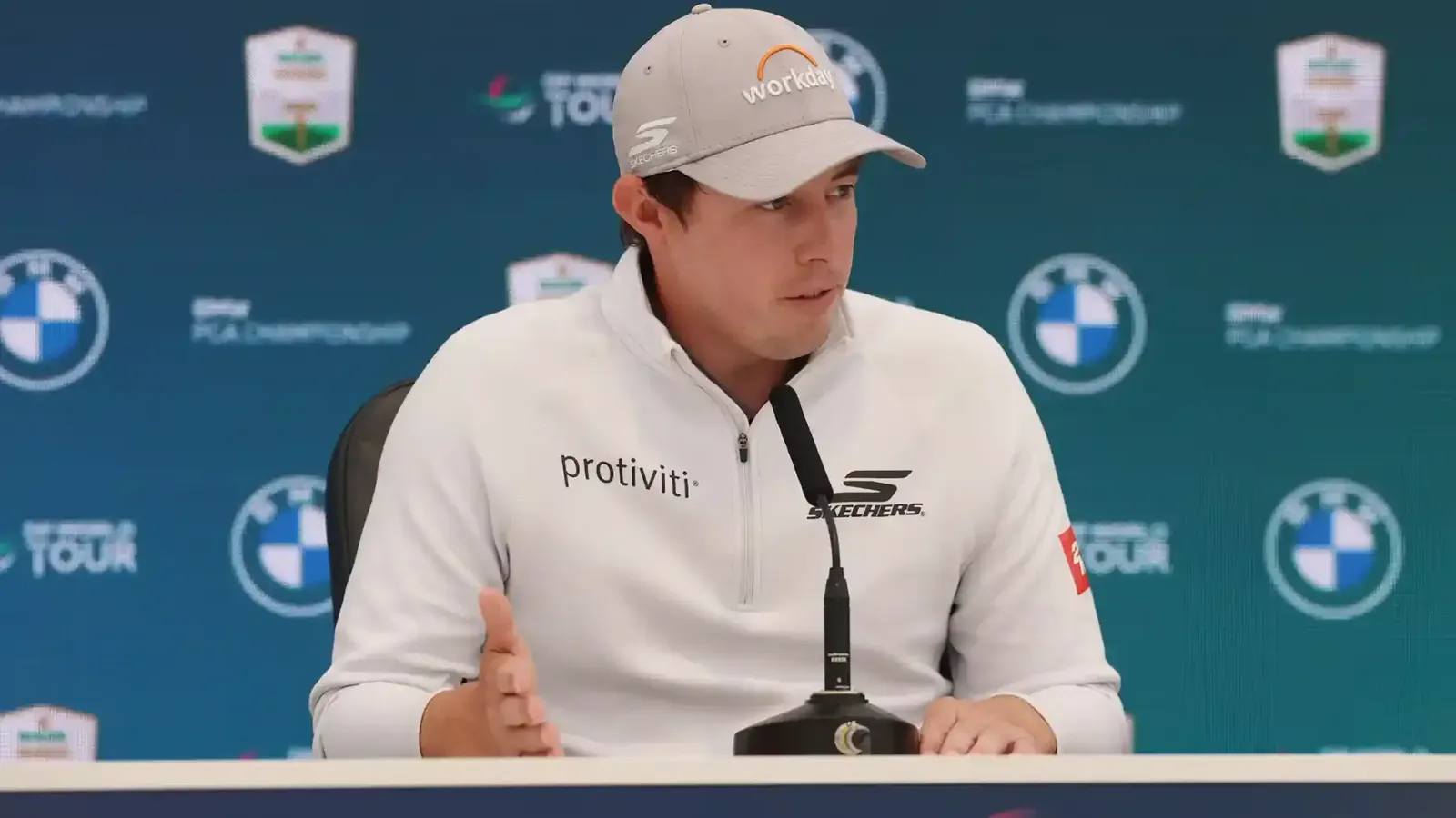Matt Fitzpatrick tijdens een persconferentie bij de BMW PGA Championship