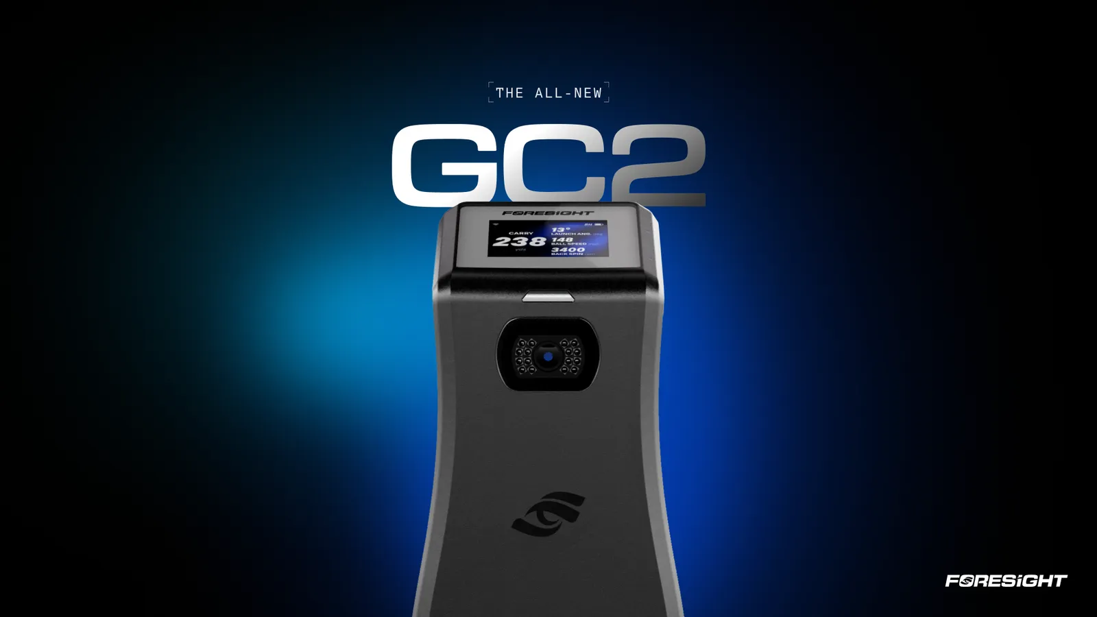 Foresight GC2 launch monitor met display en camera op een blauwe achtergrond