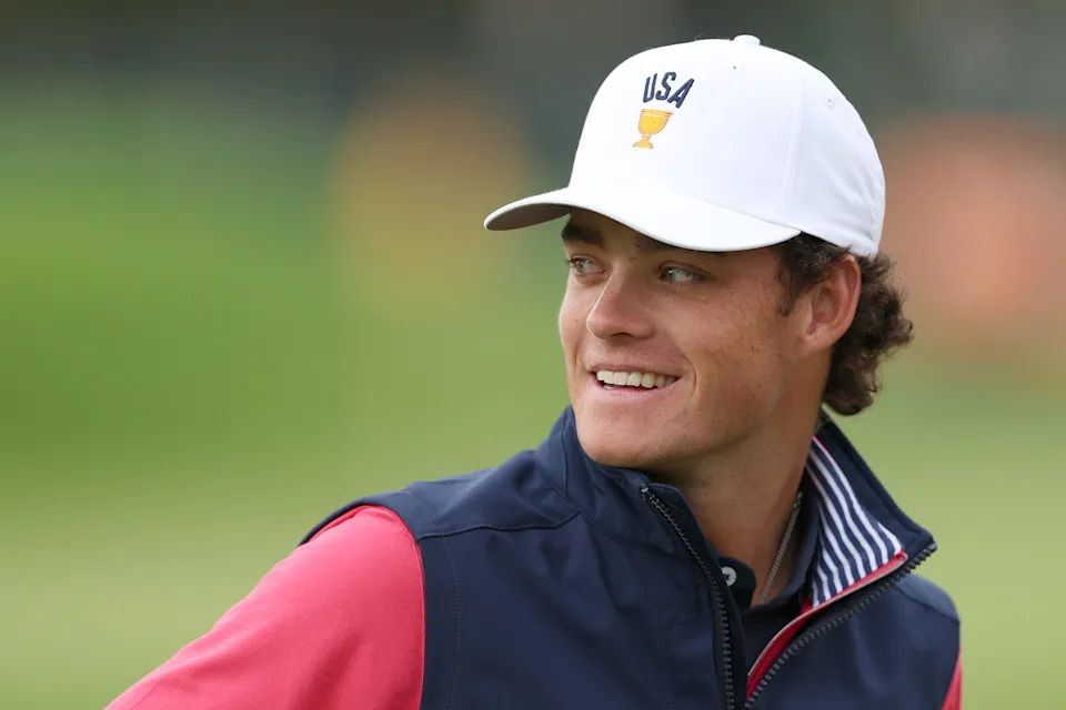 Jackson Koivun op de driving range voorafgaand aan de Presidents Cup 2026 op Medinah Country Club