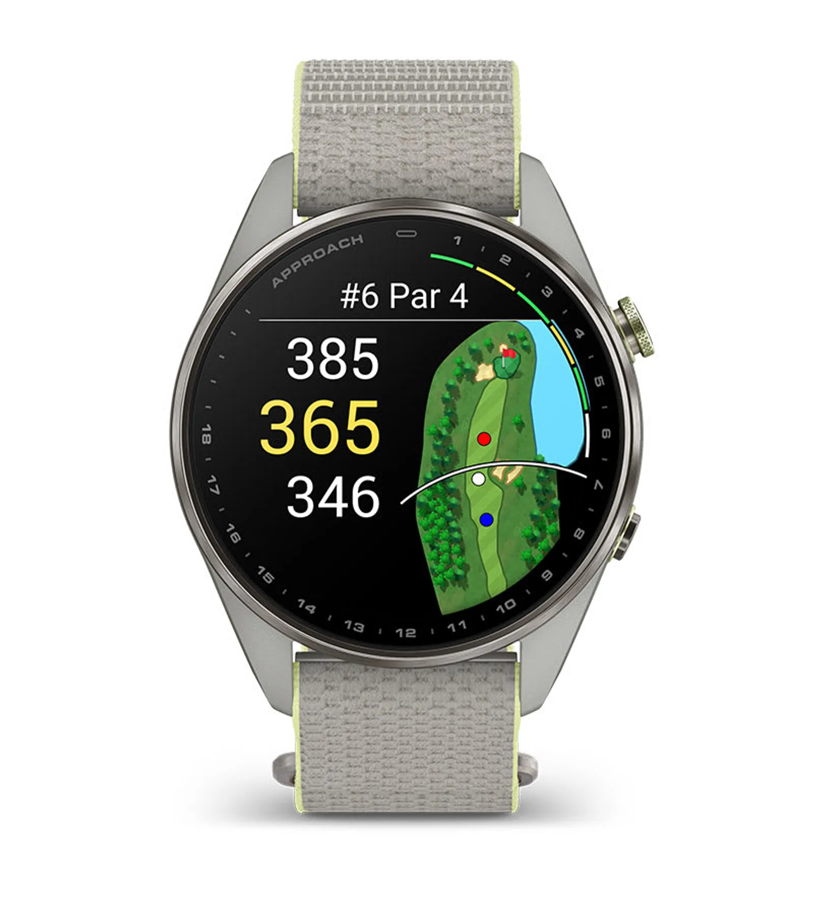 Garmin Approach S72 golfhorloge met een holeweergave op het scherm