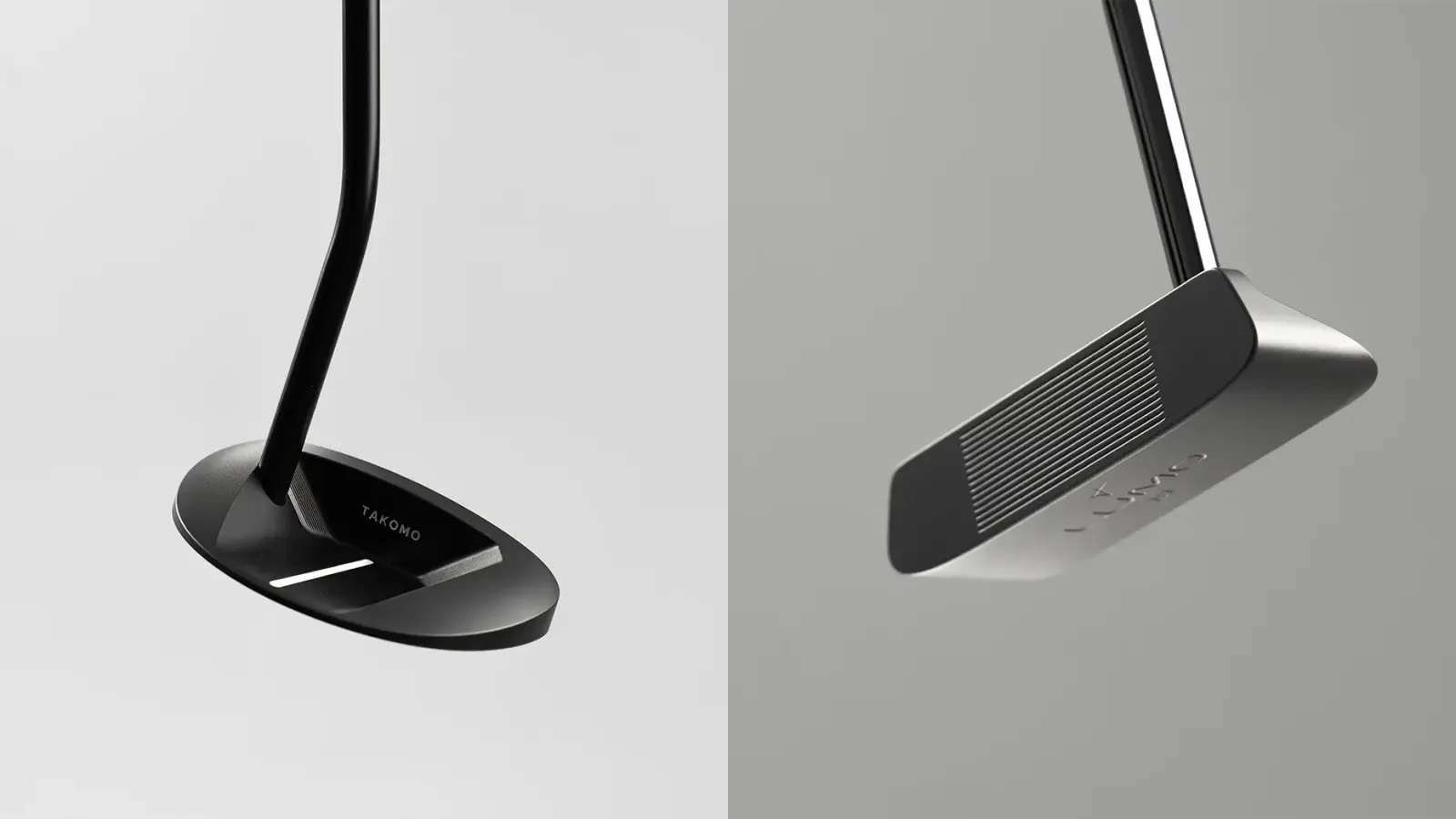 Twee Takomo Lumo putters naast elkaar: de M1 mallet in zwart en de B1 blade in satin steel