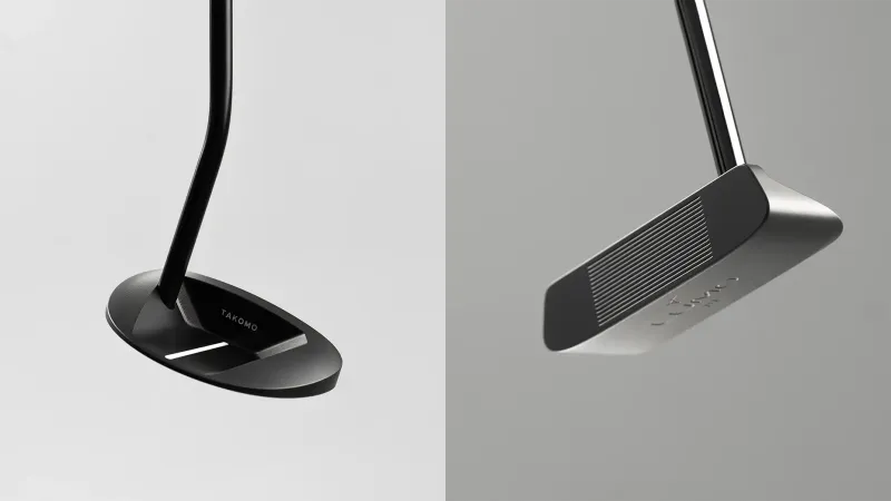 Twee Takomo Lumo putters naast elkaar: de M1 mallet in zwart en de B1 blade in satin steel