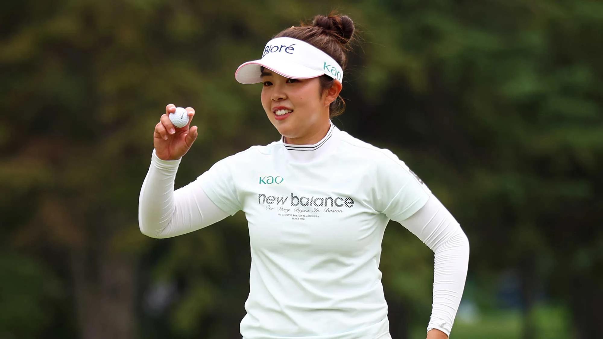 Miyu Yamashita reageert na een putt tijdens het CPKC Women's Open 2026