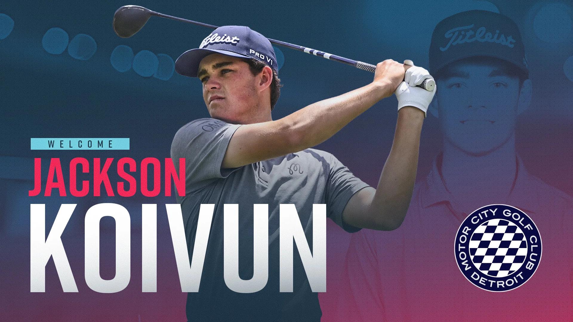 Jackson Koivun slaat af, afgebeeld op de officiele welkomstgrafiek van Motor City Golf Club