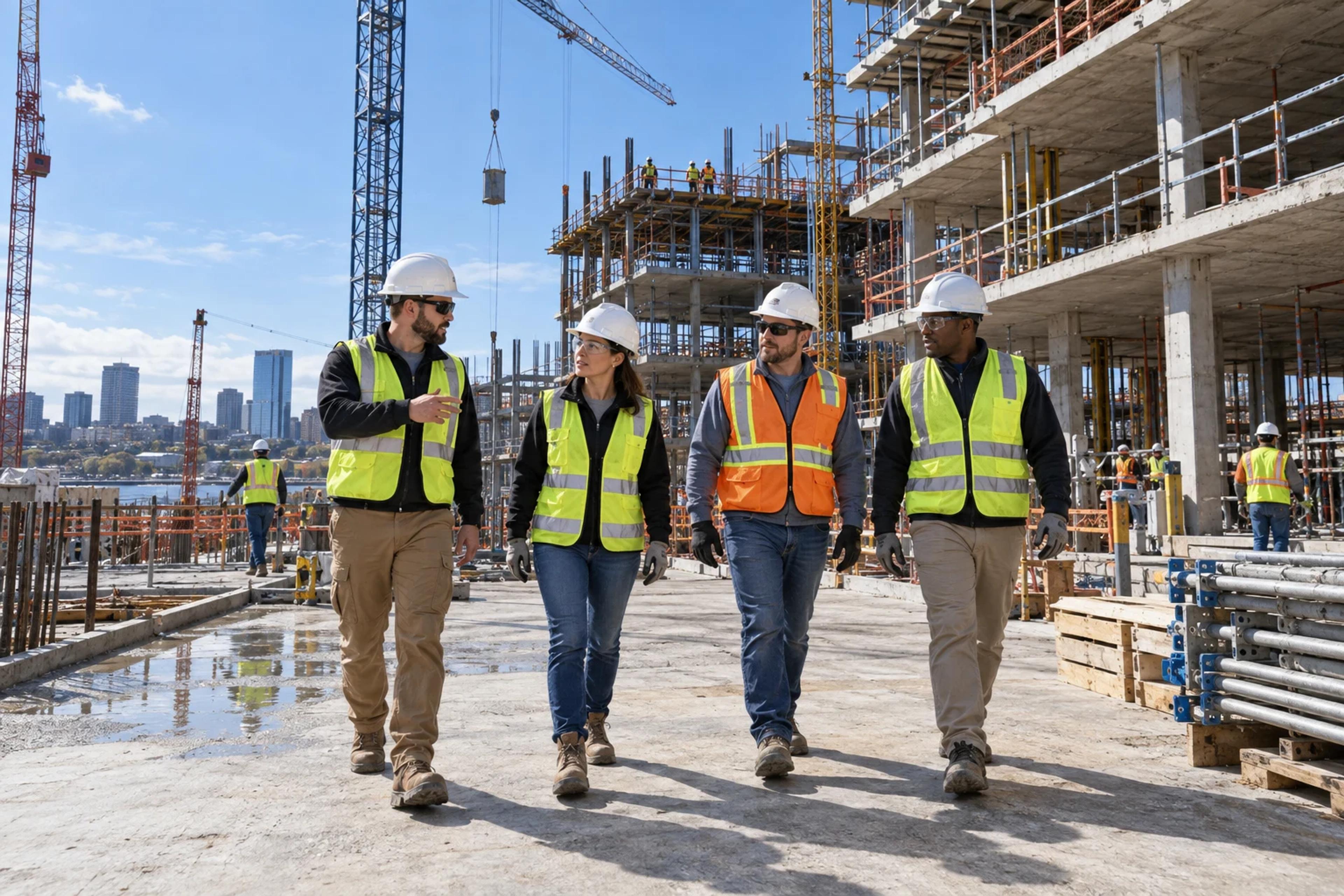 Four engineers in hard hats and hi-vis vests walking across a construction site