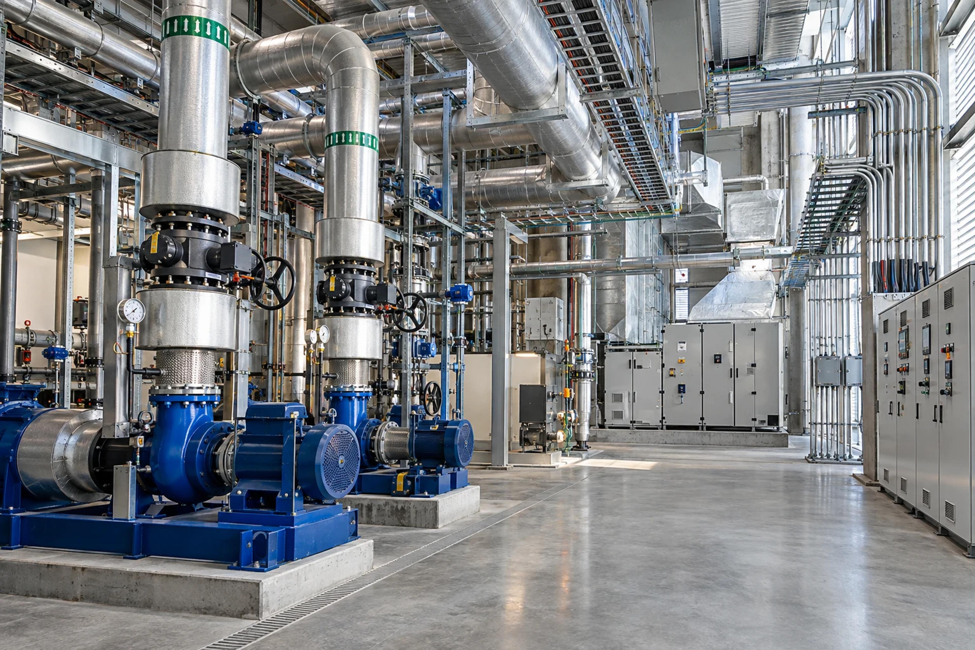 Pump room with pumps, valves, insulated pipework and control panels