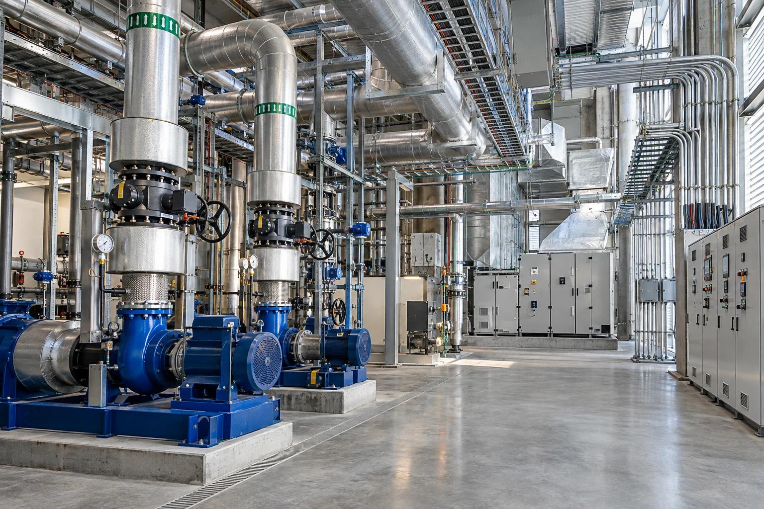 Pump room with pumps, valves, insulated pipework and control panels