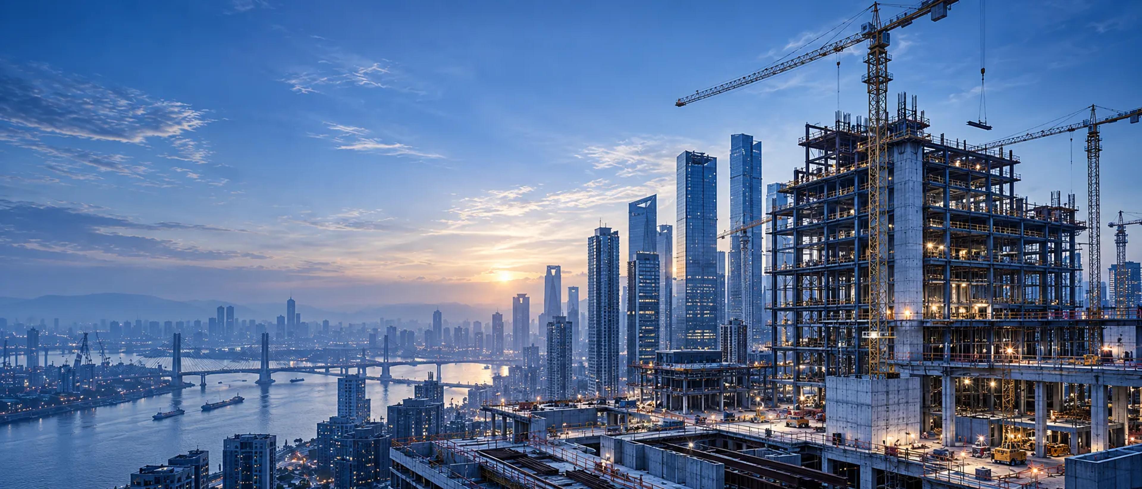 Tower under construction beside a crane, with the city skyline behind