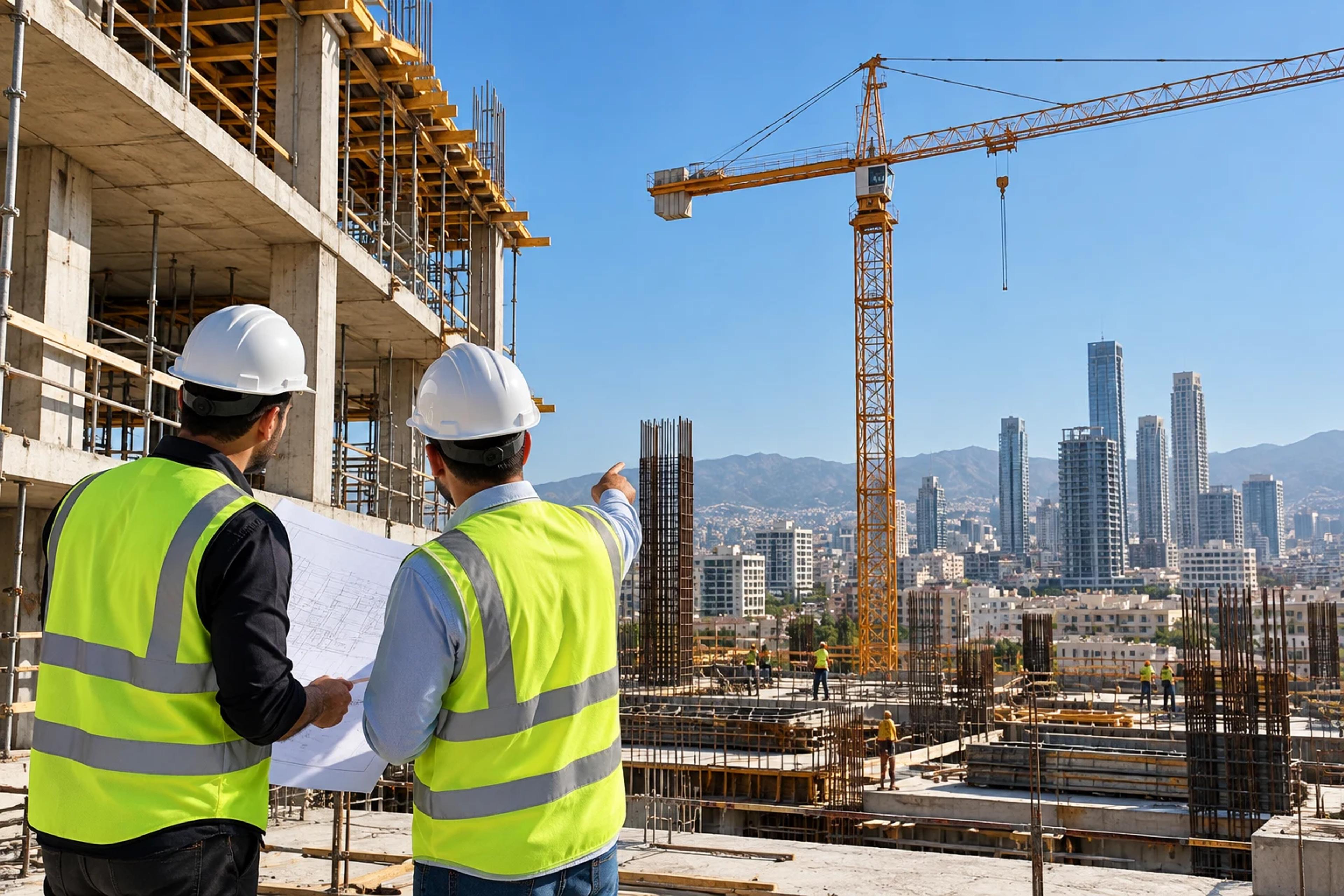 Two engineers with a plan on a construction site, a tower crane beyond