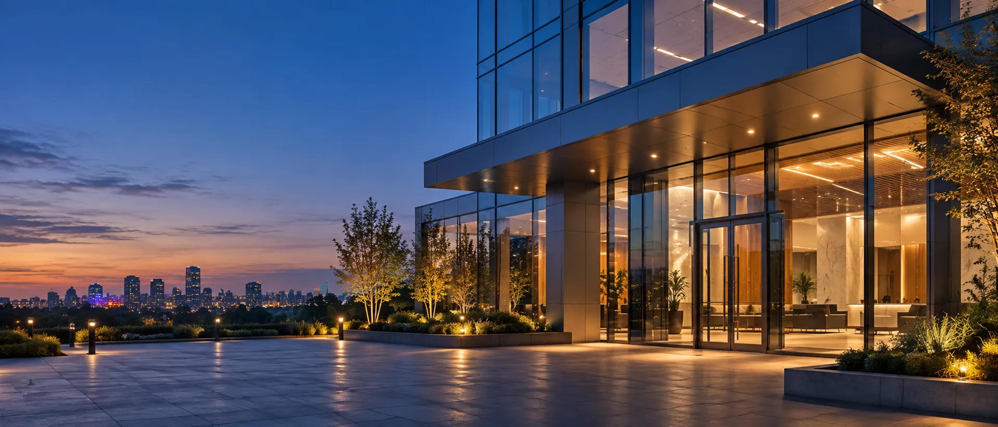 Glass-fronted building lobby lit at dusk