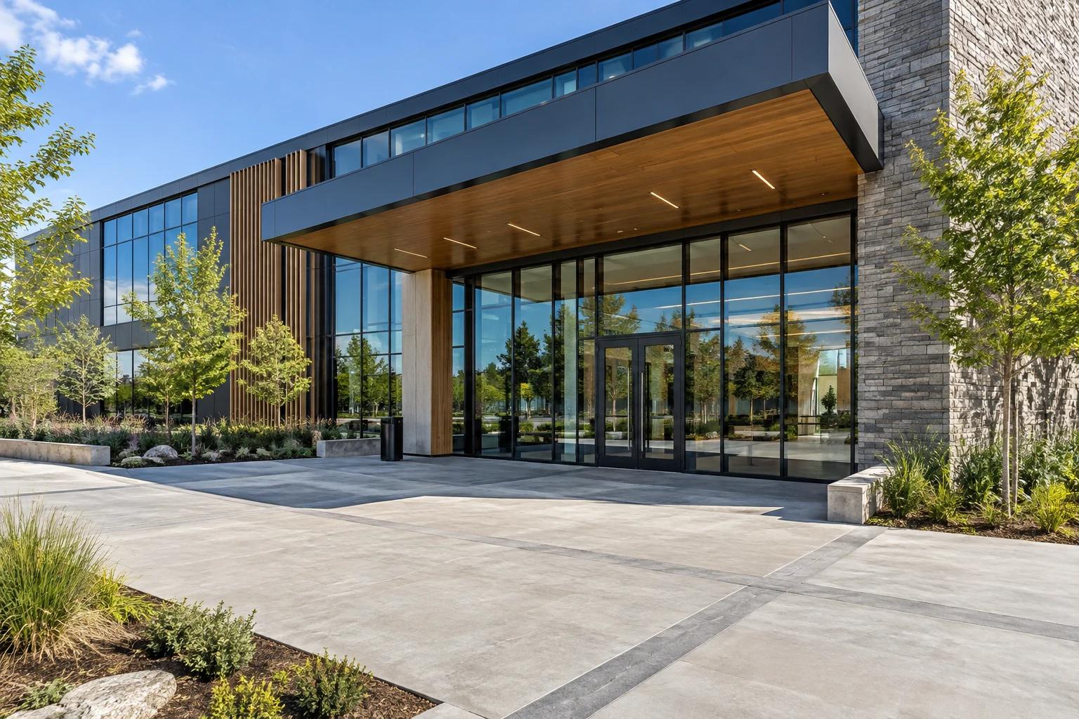 Office entrance under a timber-lined canopy, with planting in front