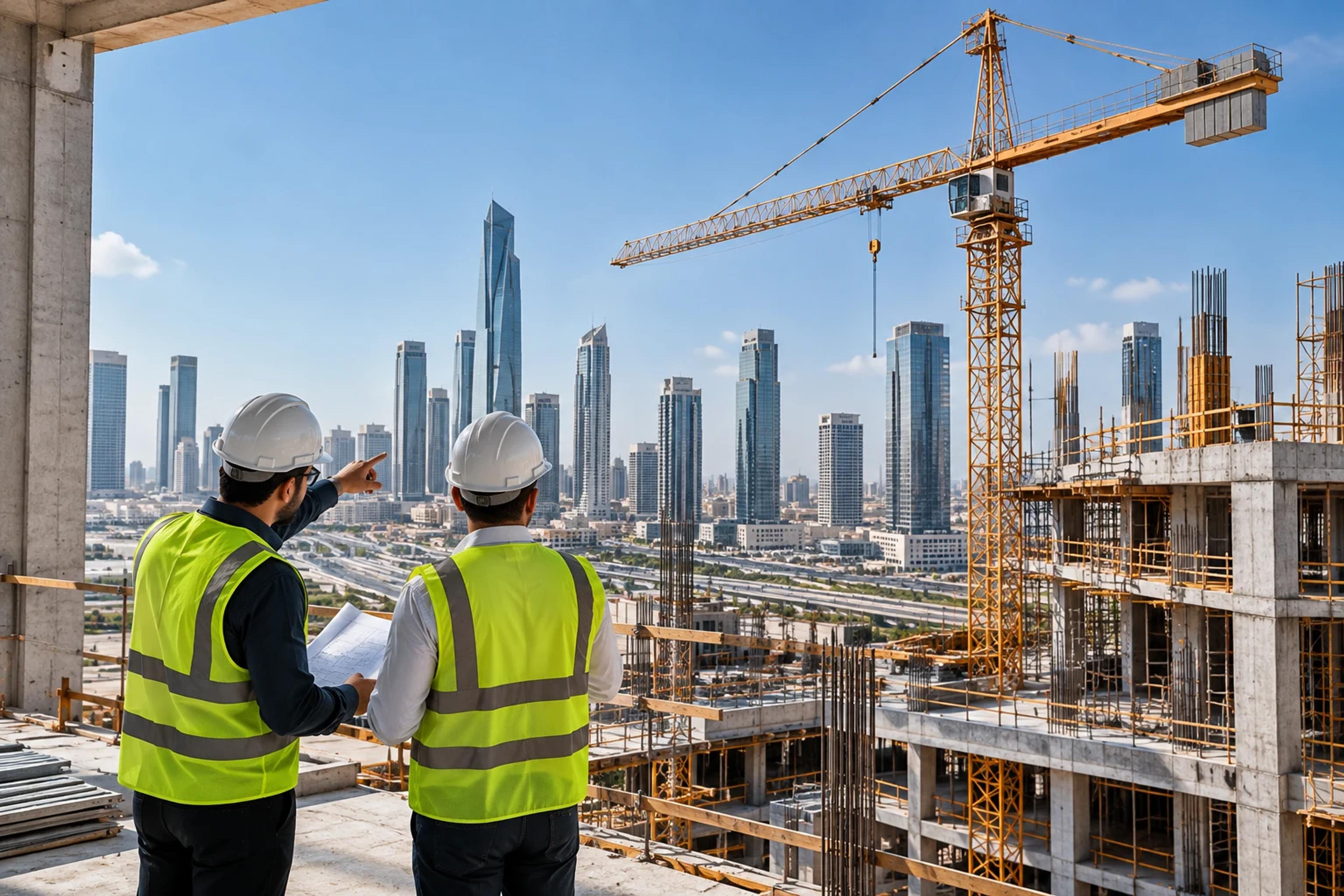 Two engineers overlooking a construction site and the city behind it