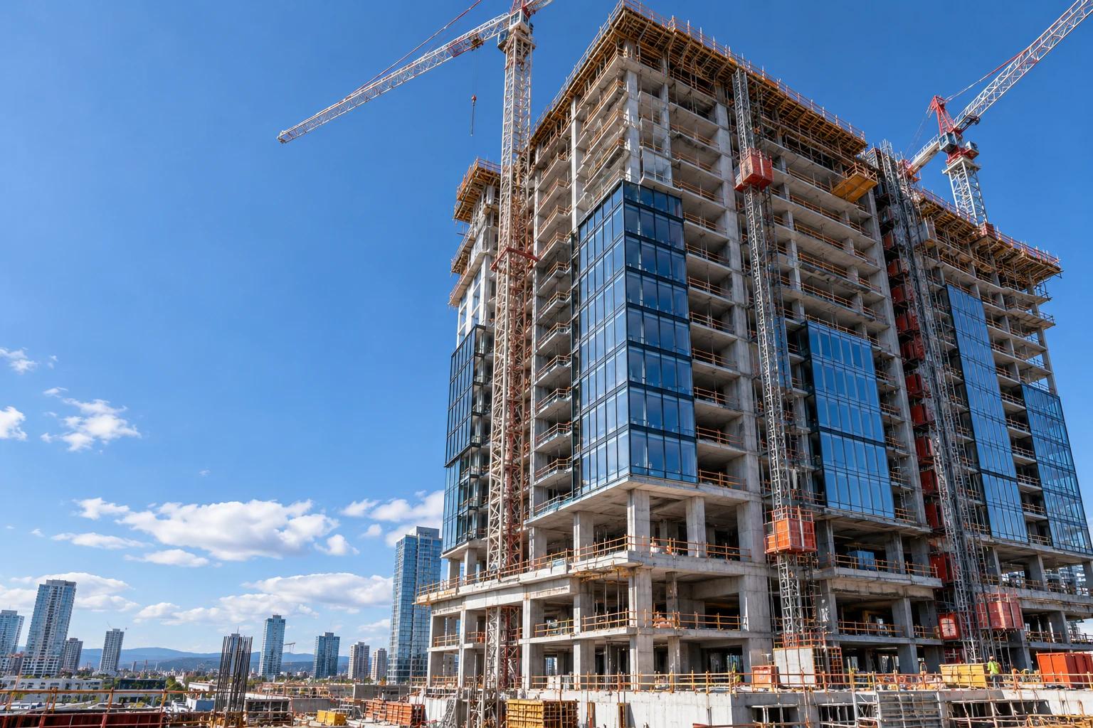 Tower under construction, its glazing going up floor by floor between two cranes