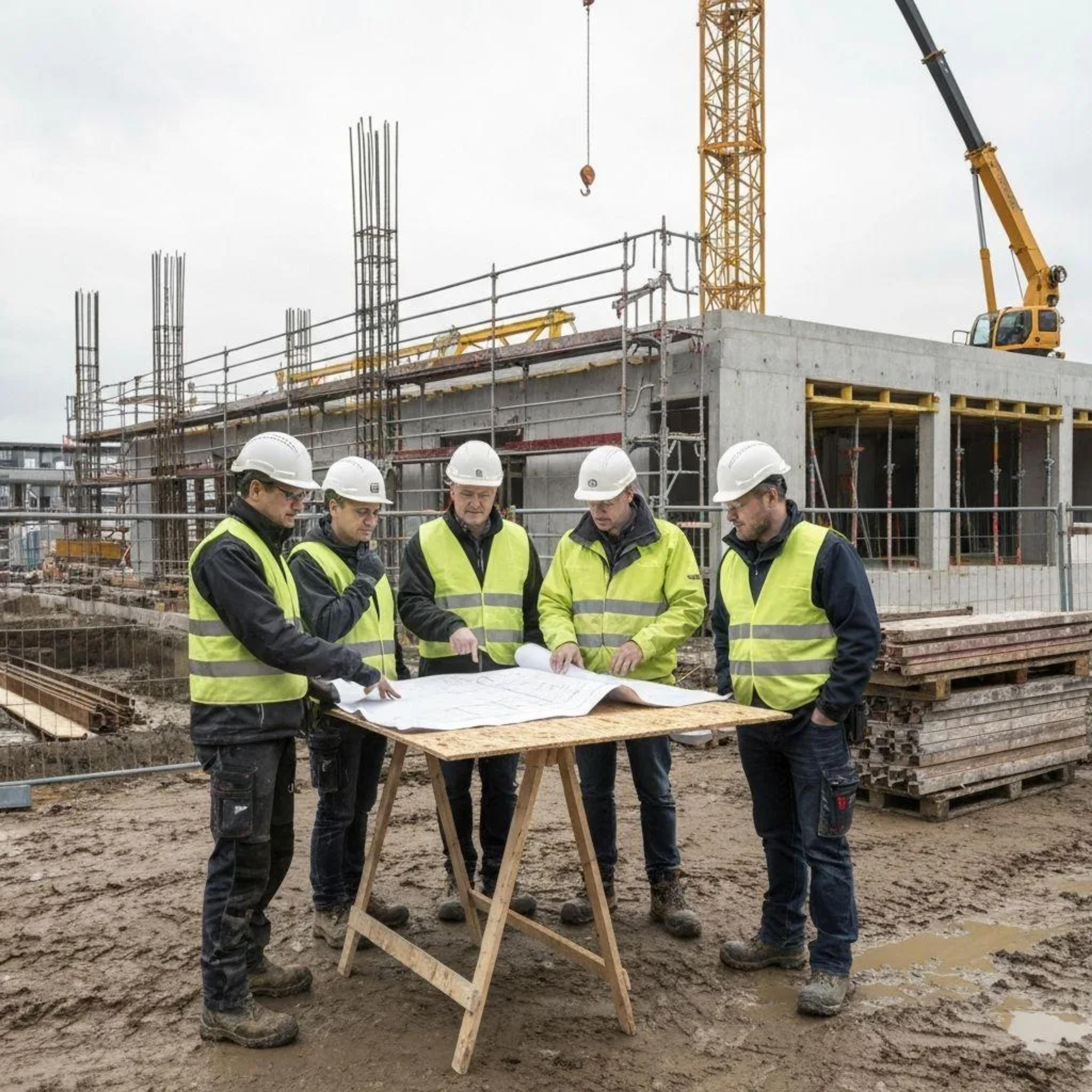 Site team reviewing drawings in front of a concrete frame