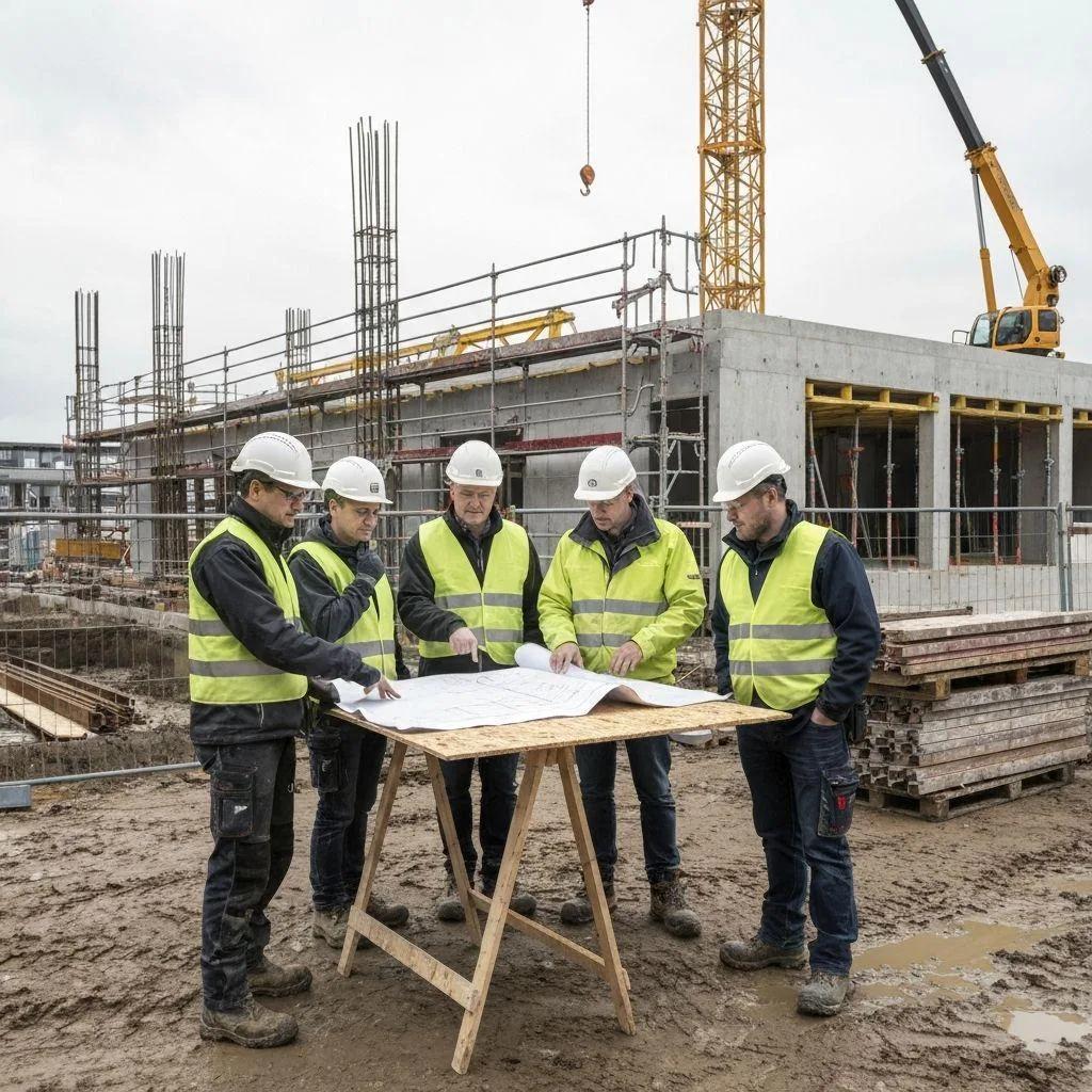 Site team reviewing drawings in front of a concrete frame