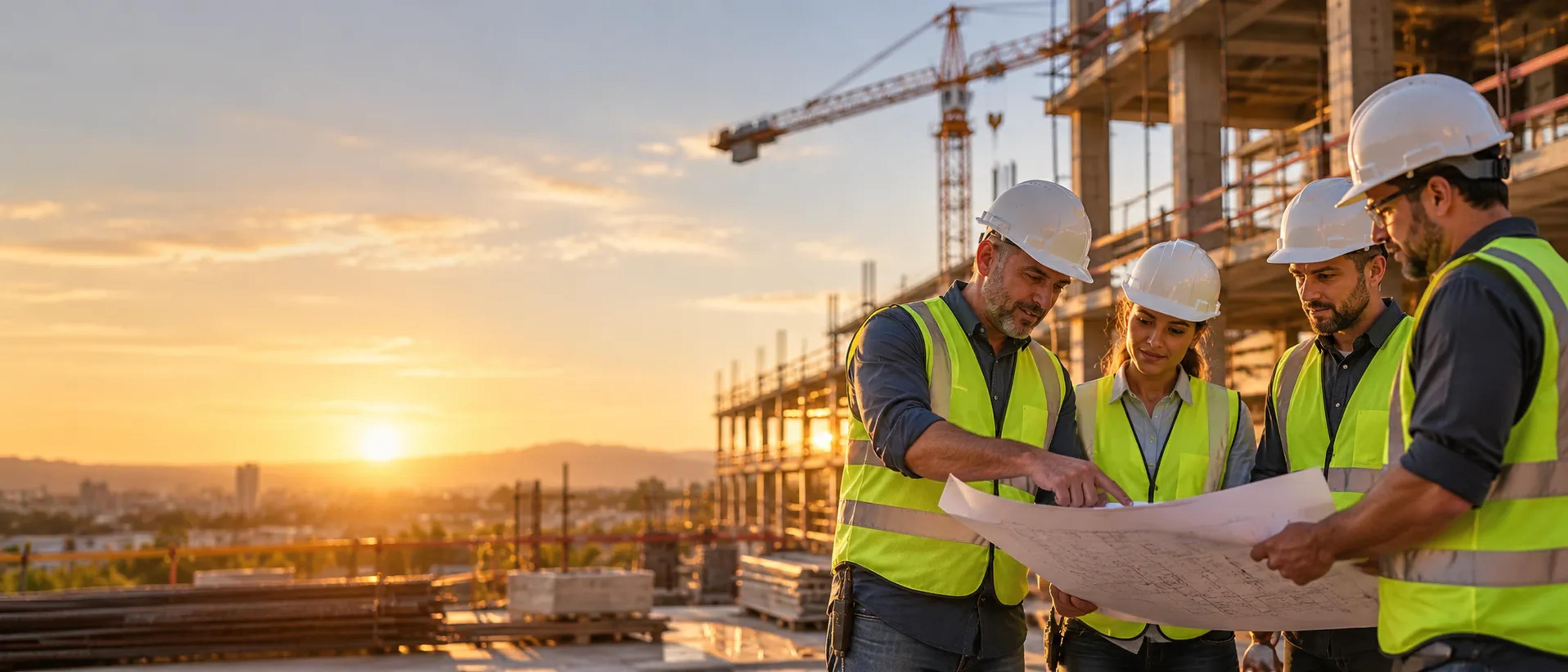 Two engineers in hard hats reviewing drawings on a construction site at sunset