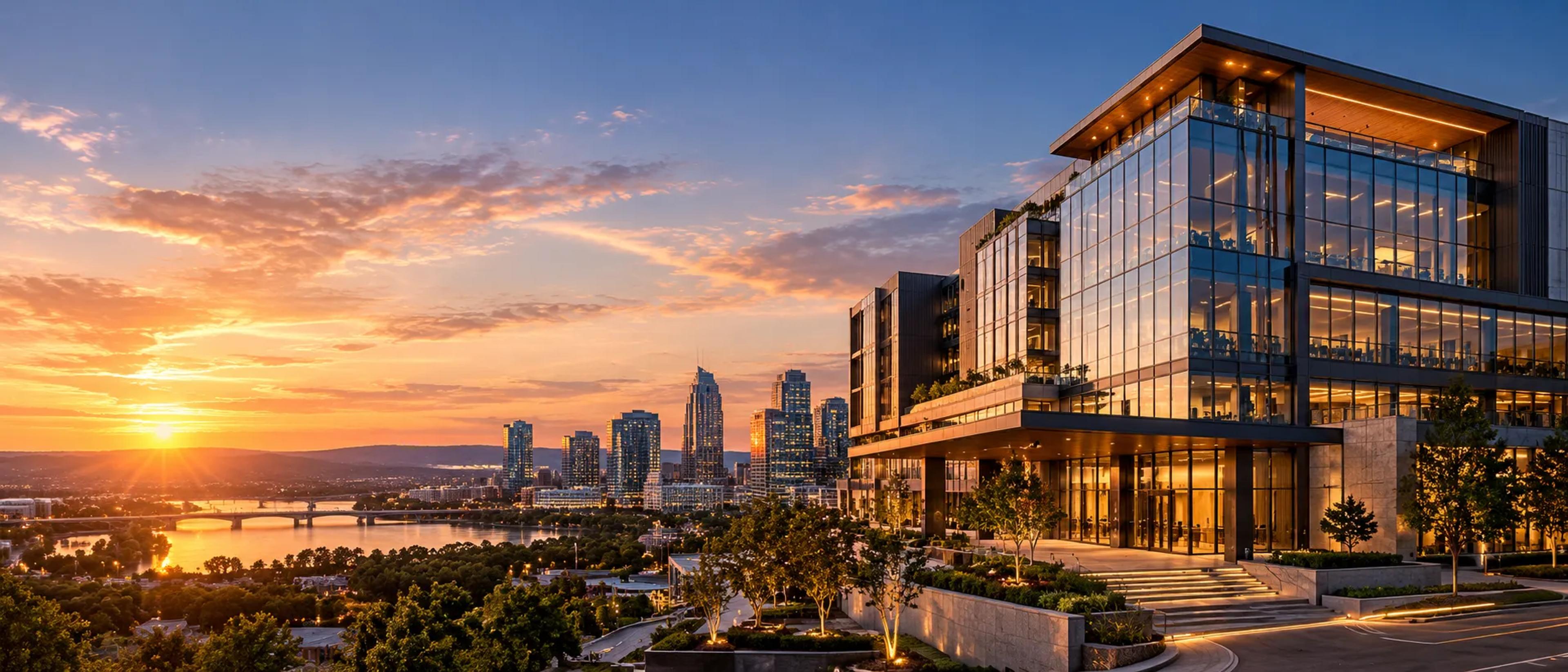 Glass office building with landscaped terraces at sunset