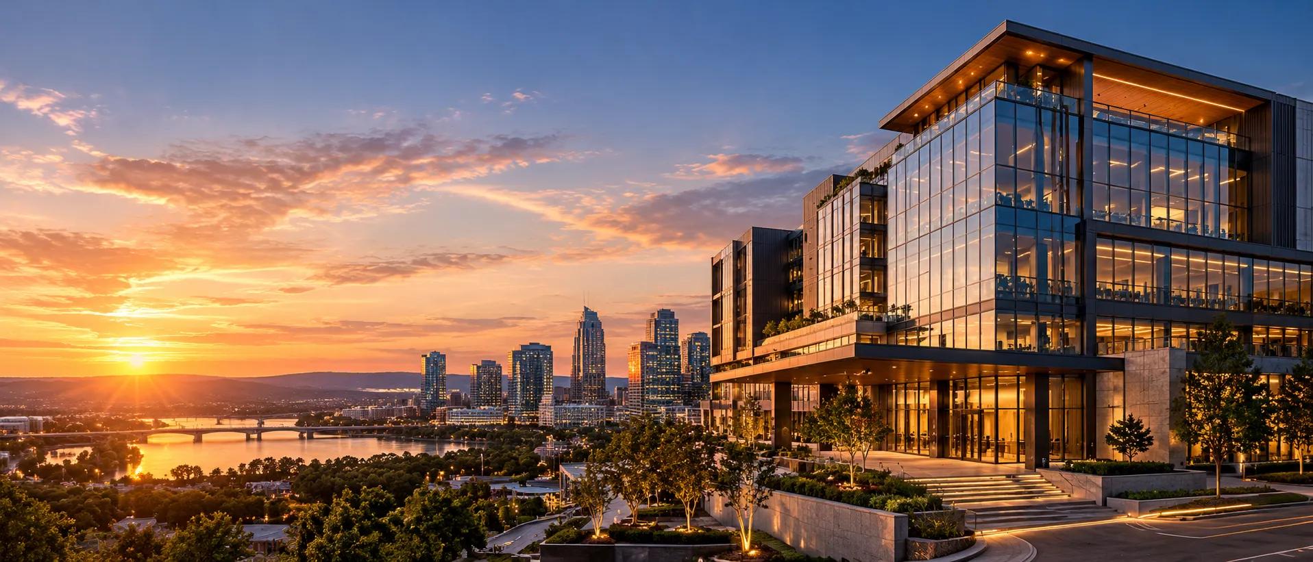 Glass office building with landscaped terraces at sunset