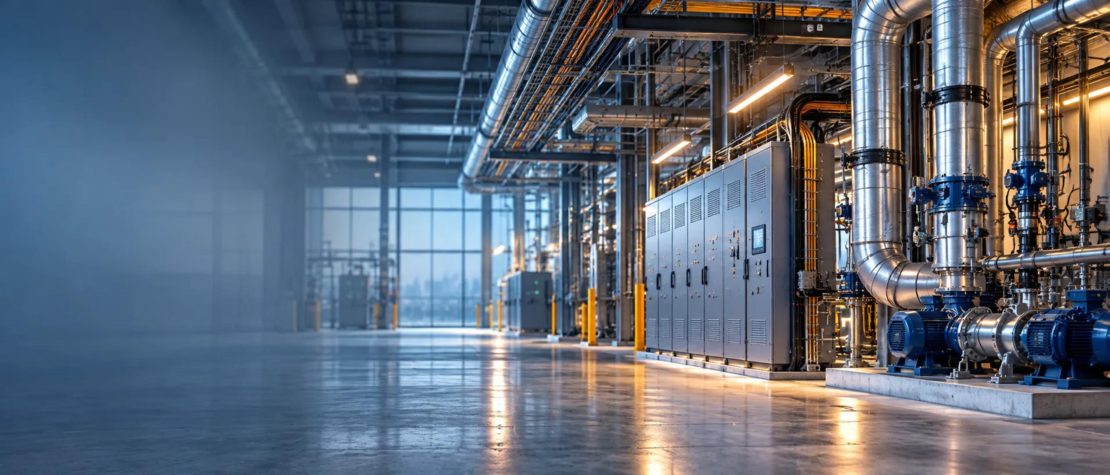 Plant room with switchgear cabinets and overhead pipework