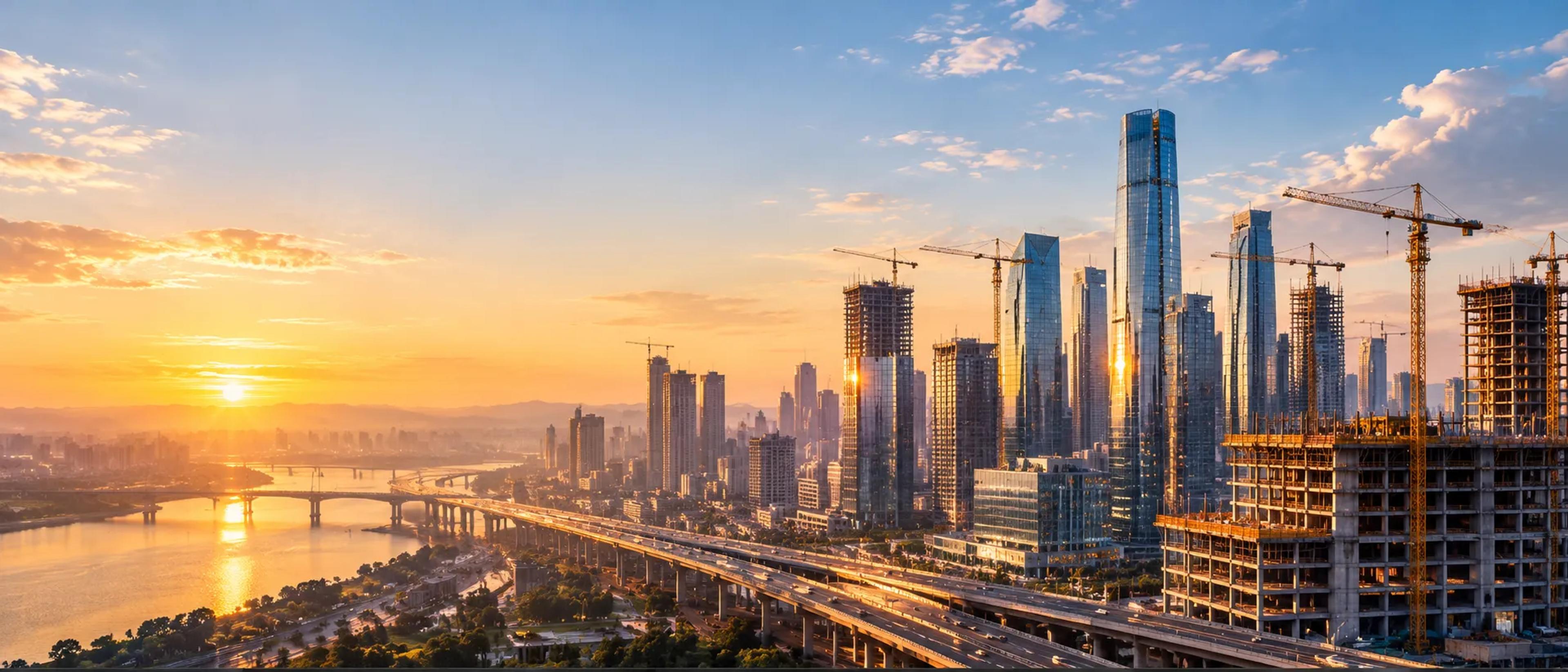 City skyline at sunset, with towers under construction and an elevated highway